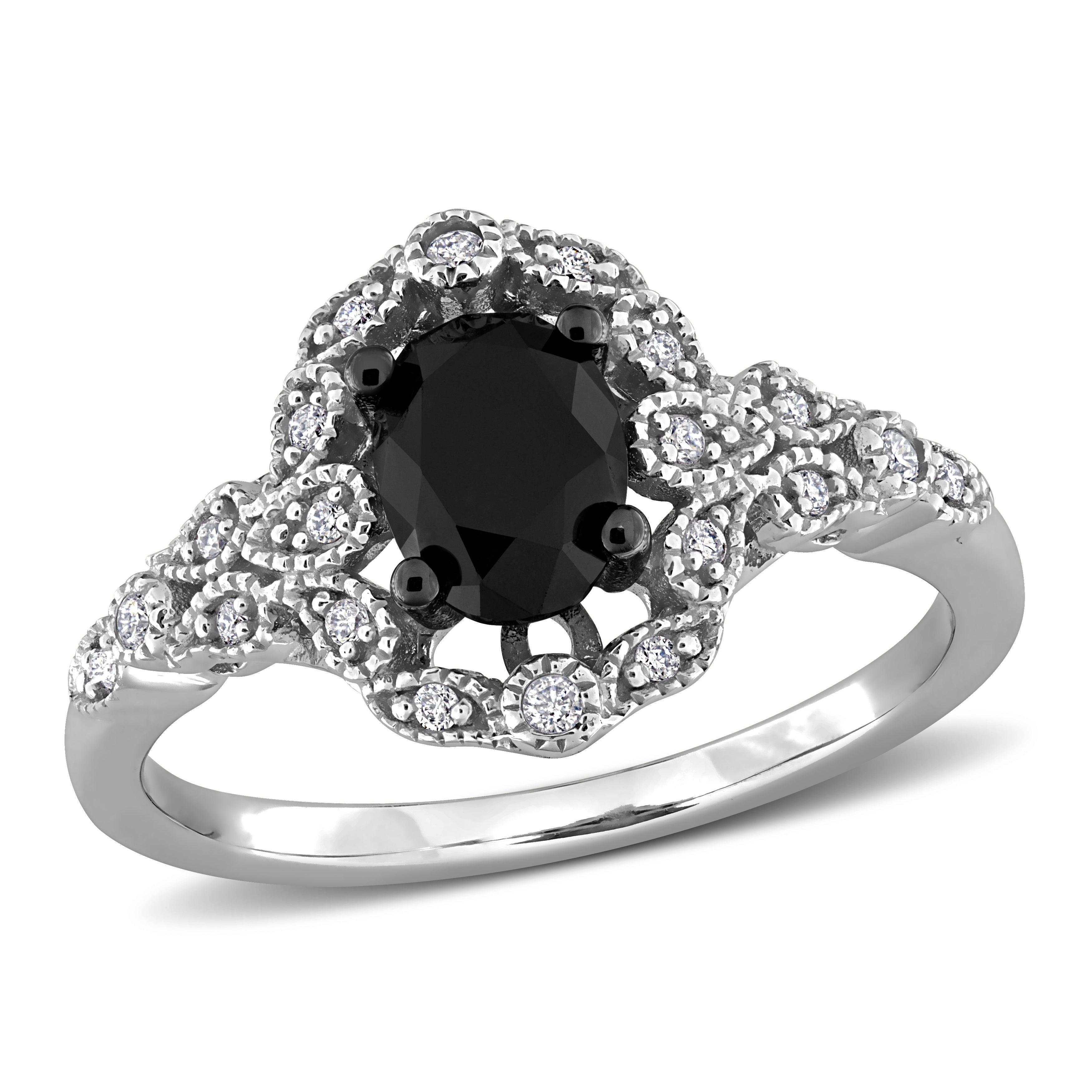 Lord & Taylor oval black diamond ring with white diamond halo, top view