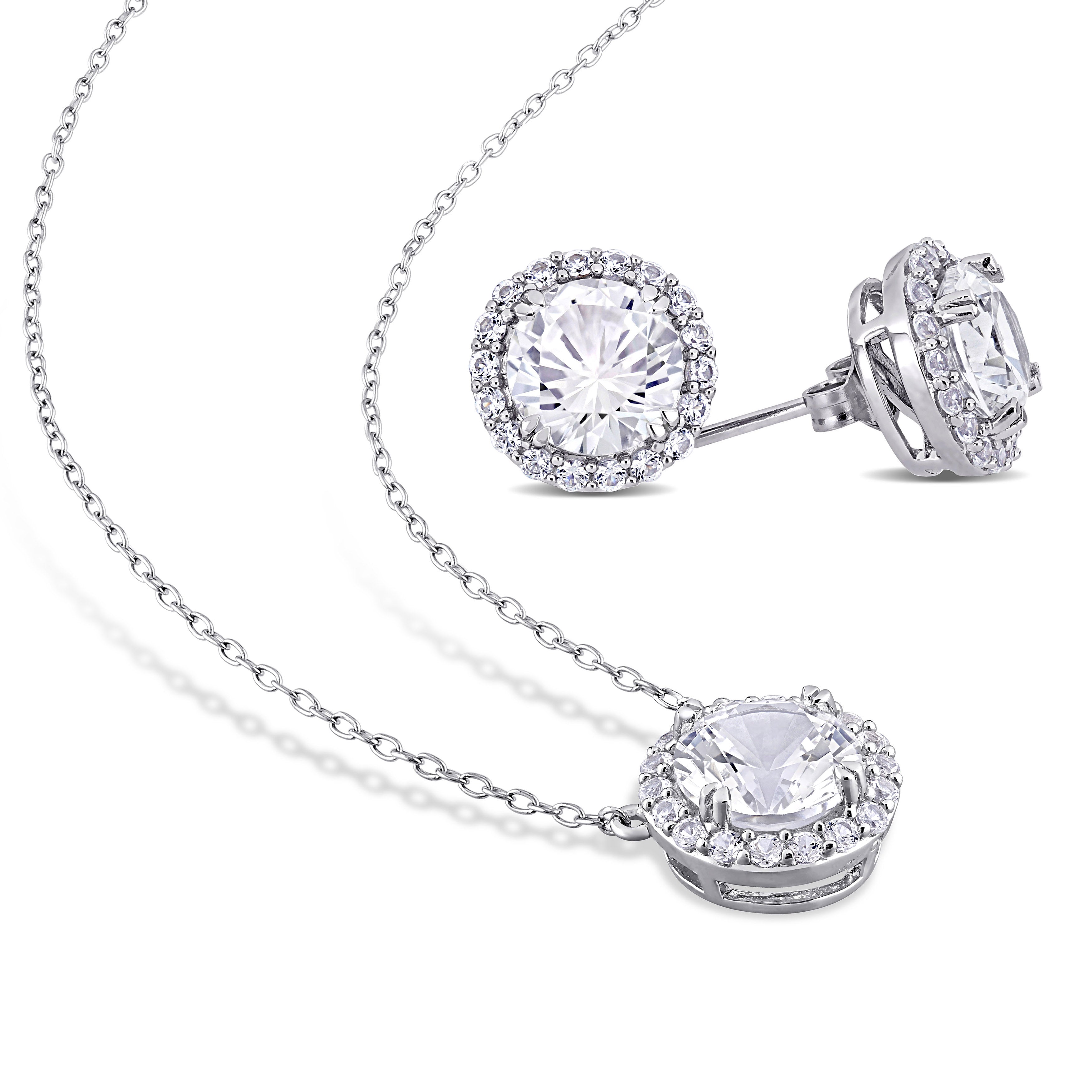White sapphire halo pendant necklace in sterling silver by Lord & Taylor, detail view