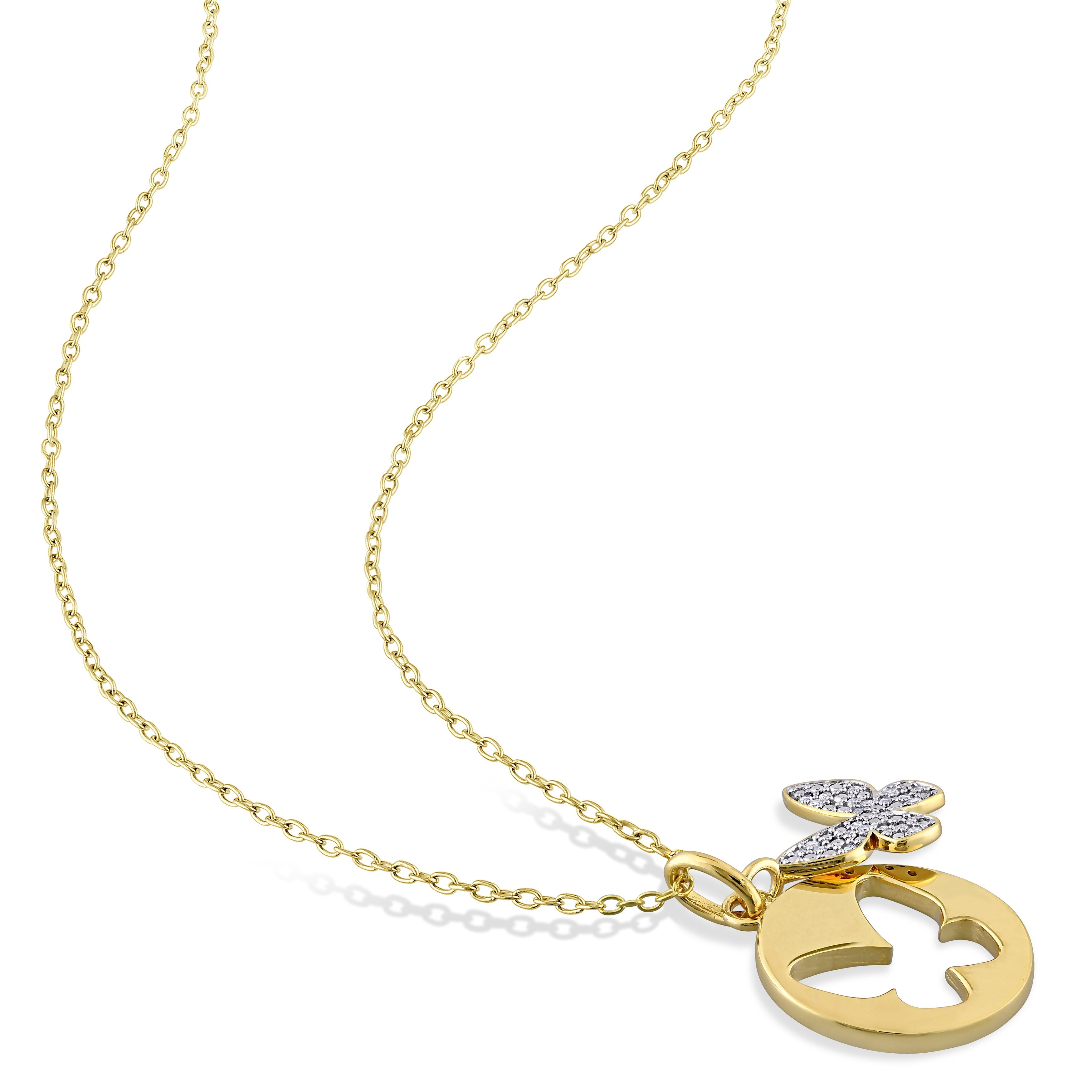 Diamond butterfly pendant necklace in yellow-plated silver, detail view of butterfly motif