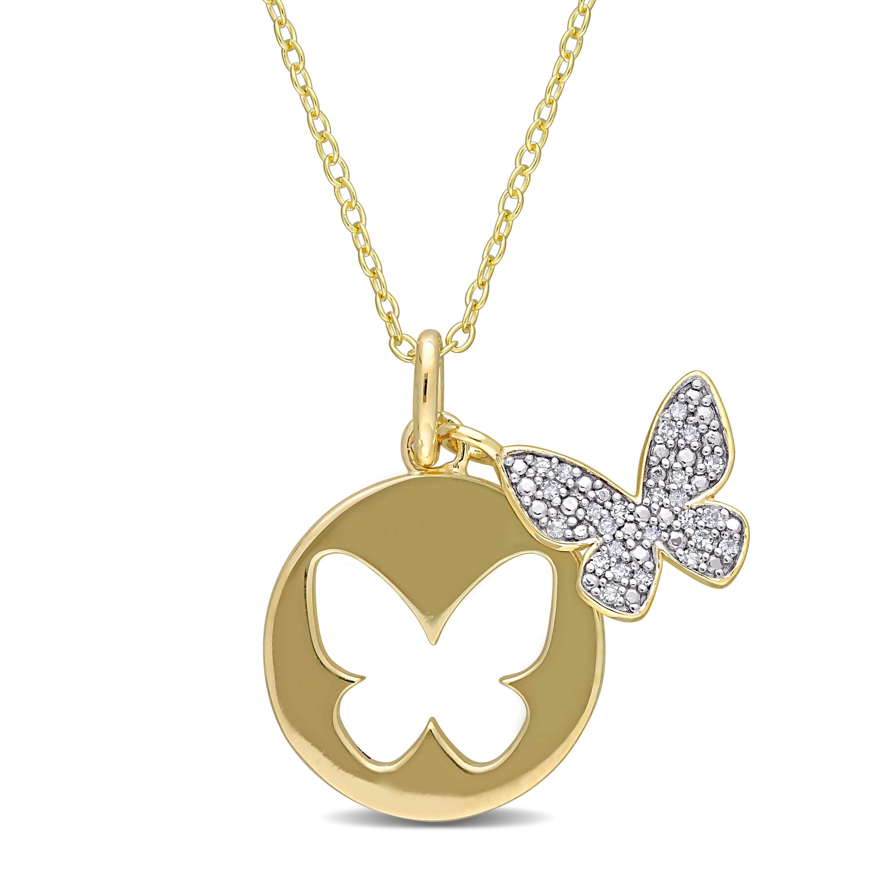 Yellow-plated sterling silver butterfly pendant necklace with diamonds, front view