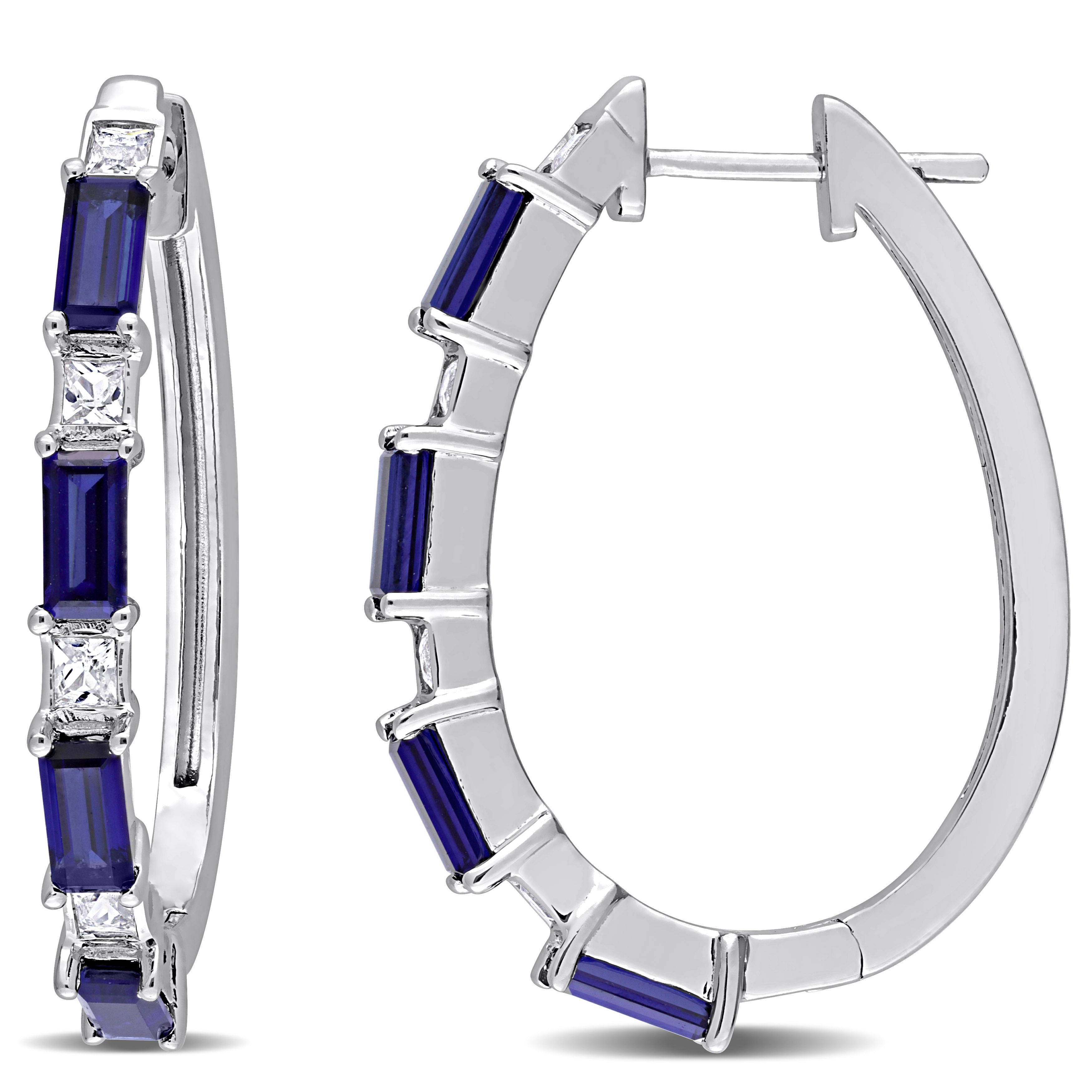 Blue and white sapphire oval hoop earrings in sterling silver, front view by Lord & Taylor