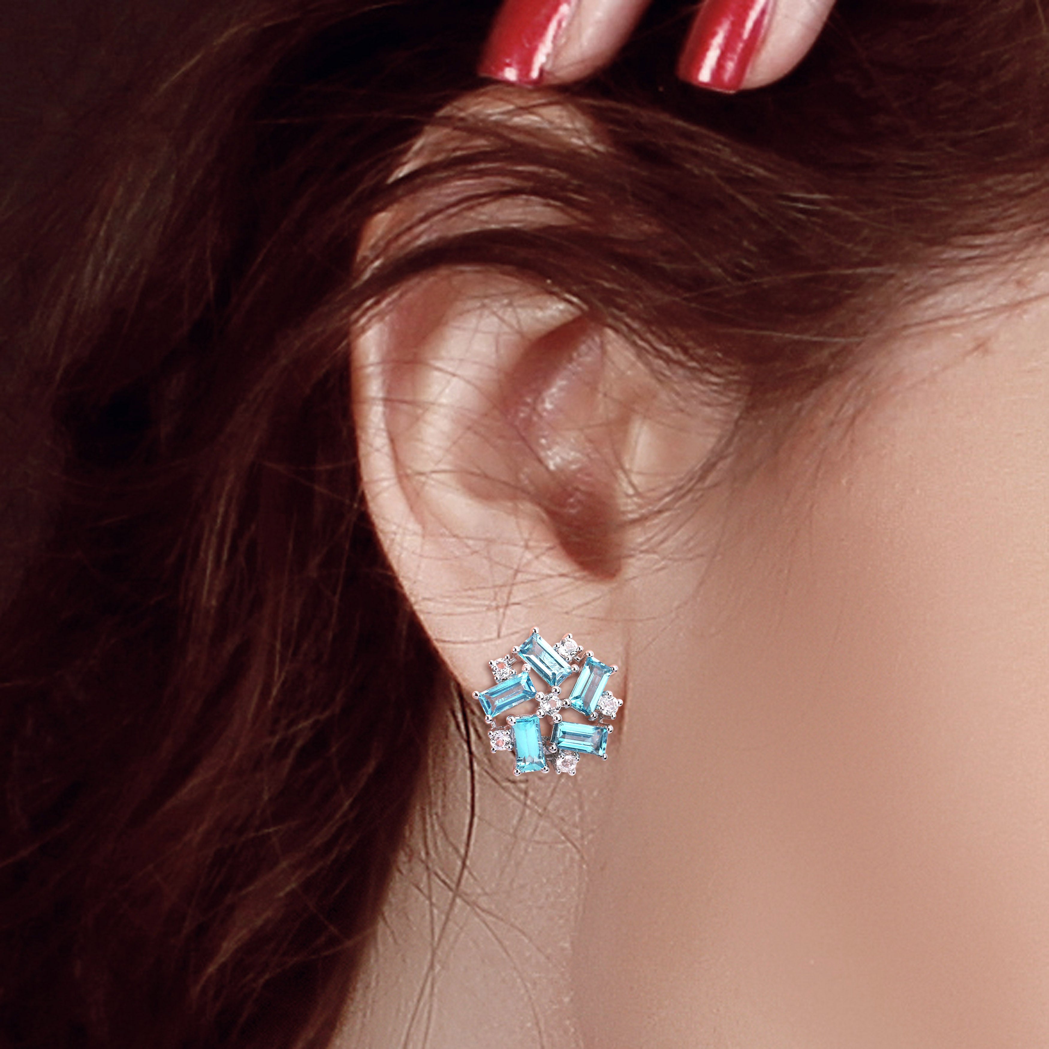 Blue topaz cluster stud earrings worn, lifestyle view by Lord & Taylor