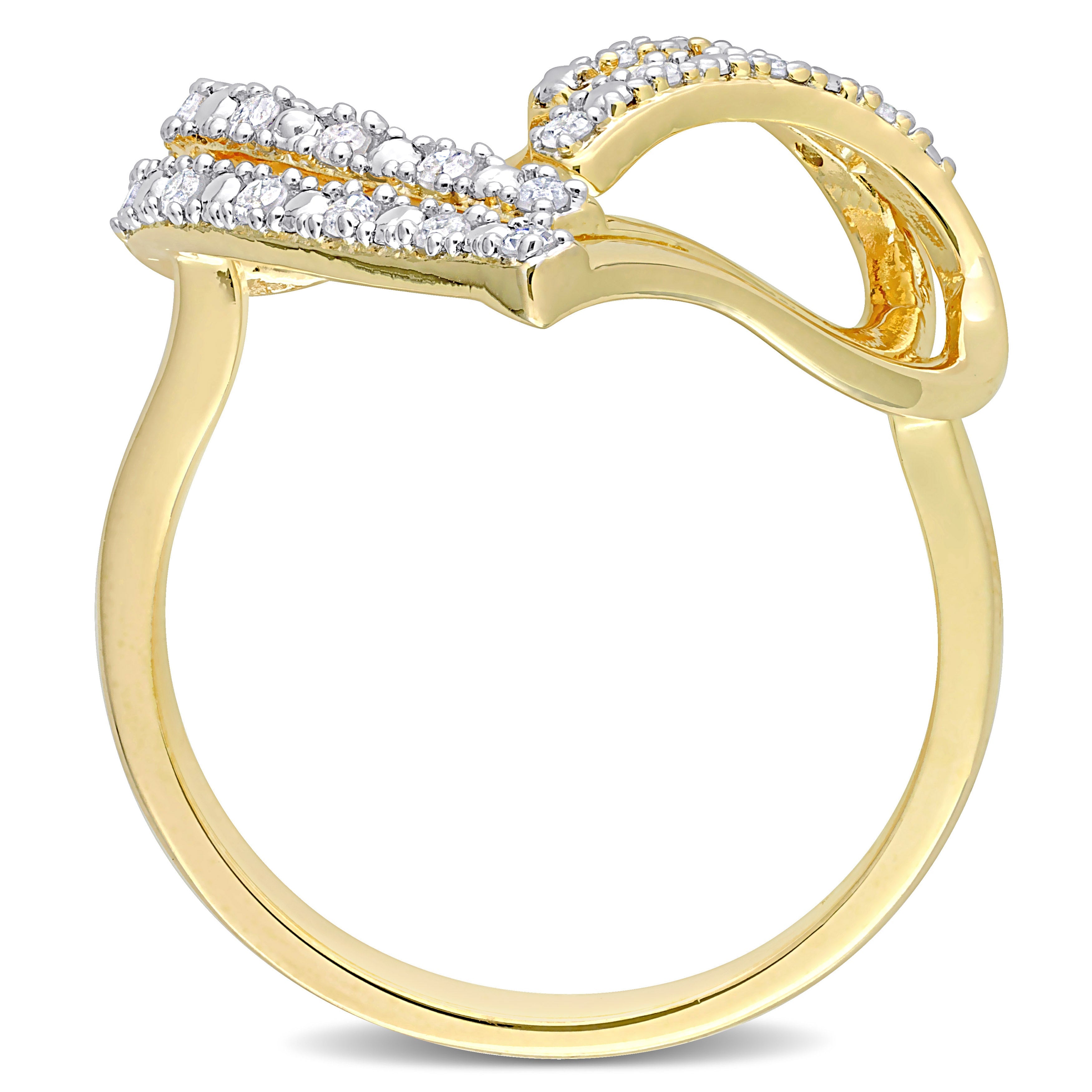 Sterling silver open heart ring with diamonds, diagonal overhead view