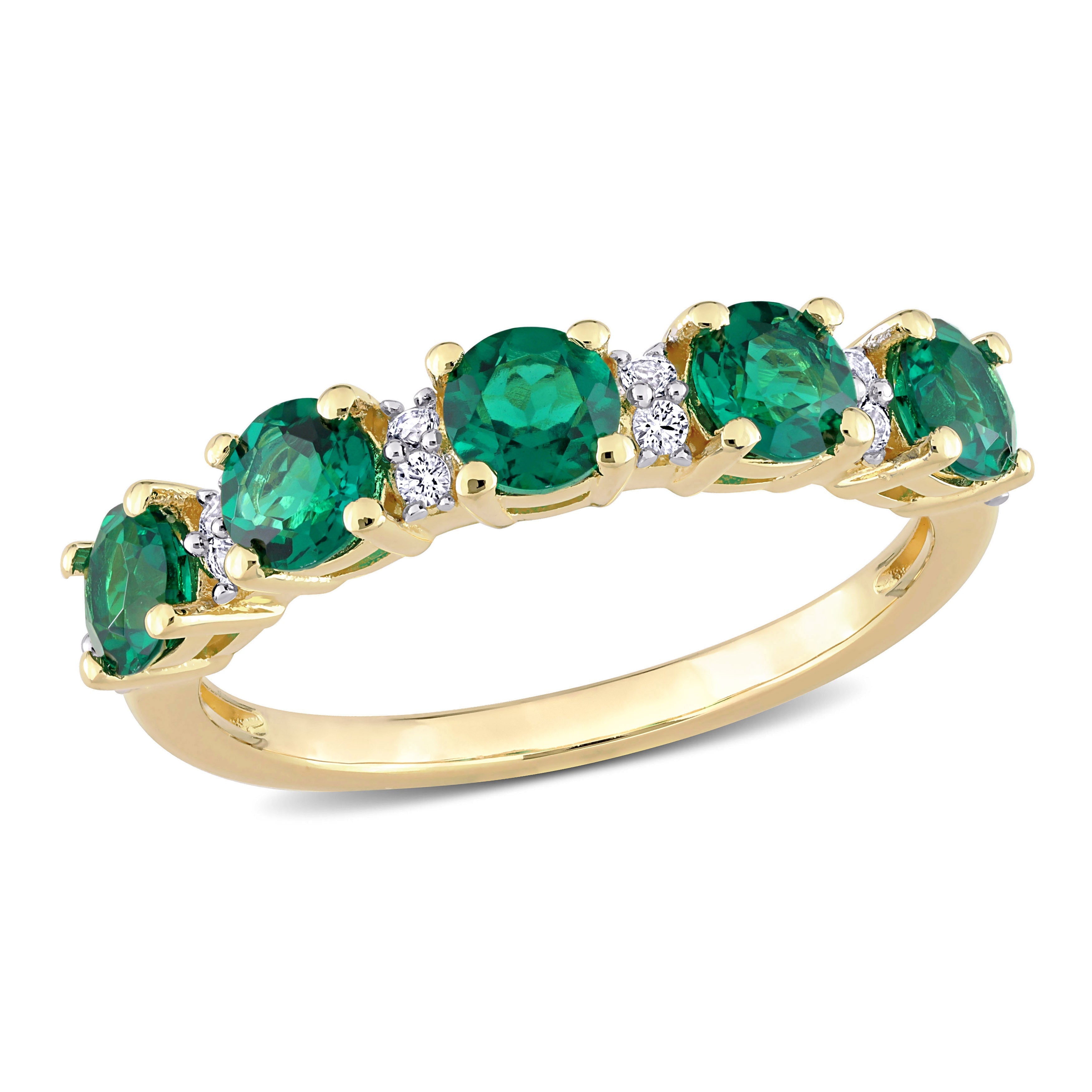 Created emerald five-stone semi-eternity ring in yellow-plated sterling silver, front view by Lord & Taylor