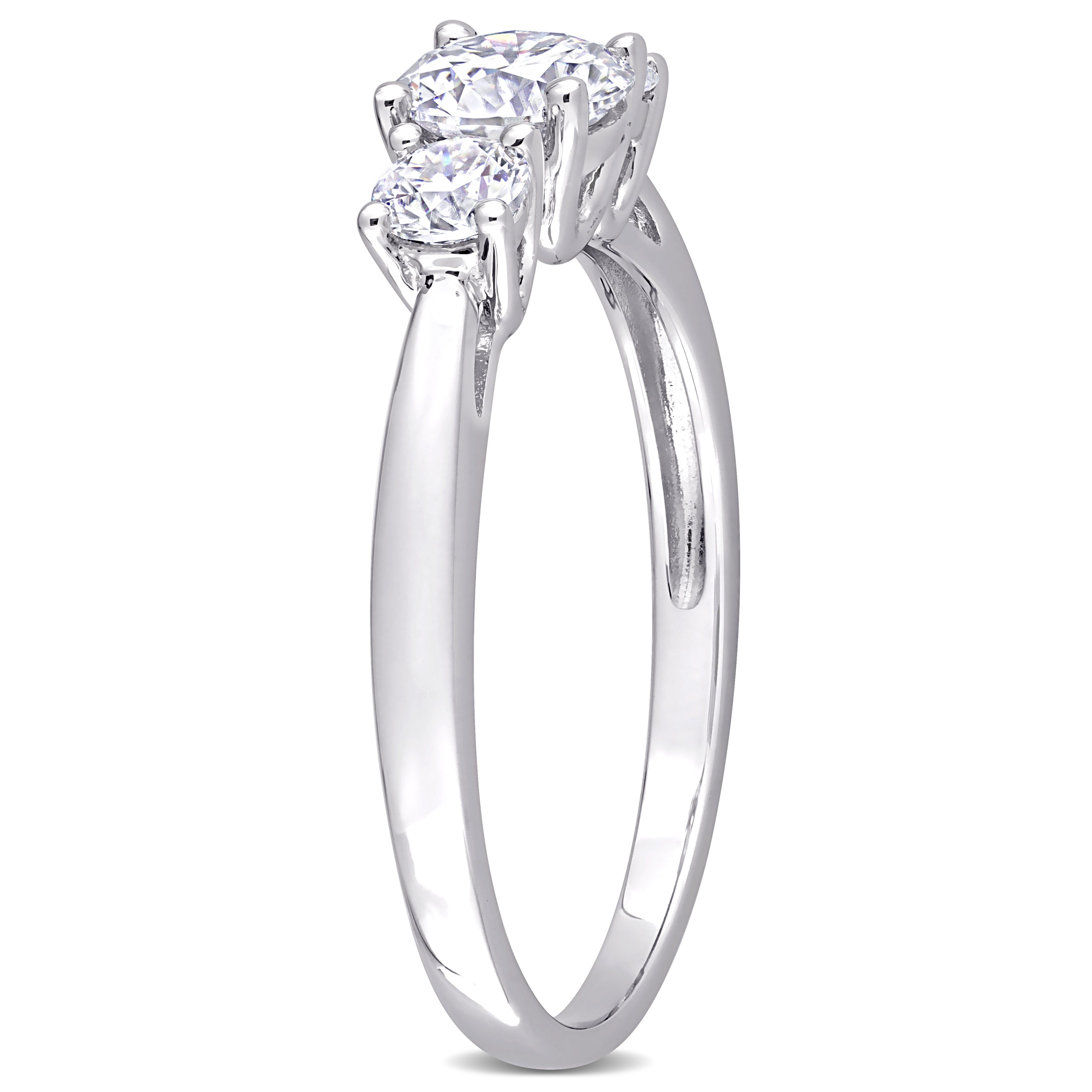 Sterling silver three-stone moissanite ring, side profile view by Lord & Taylor