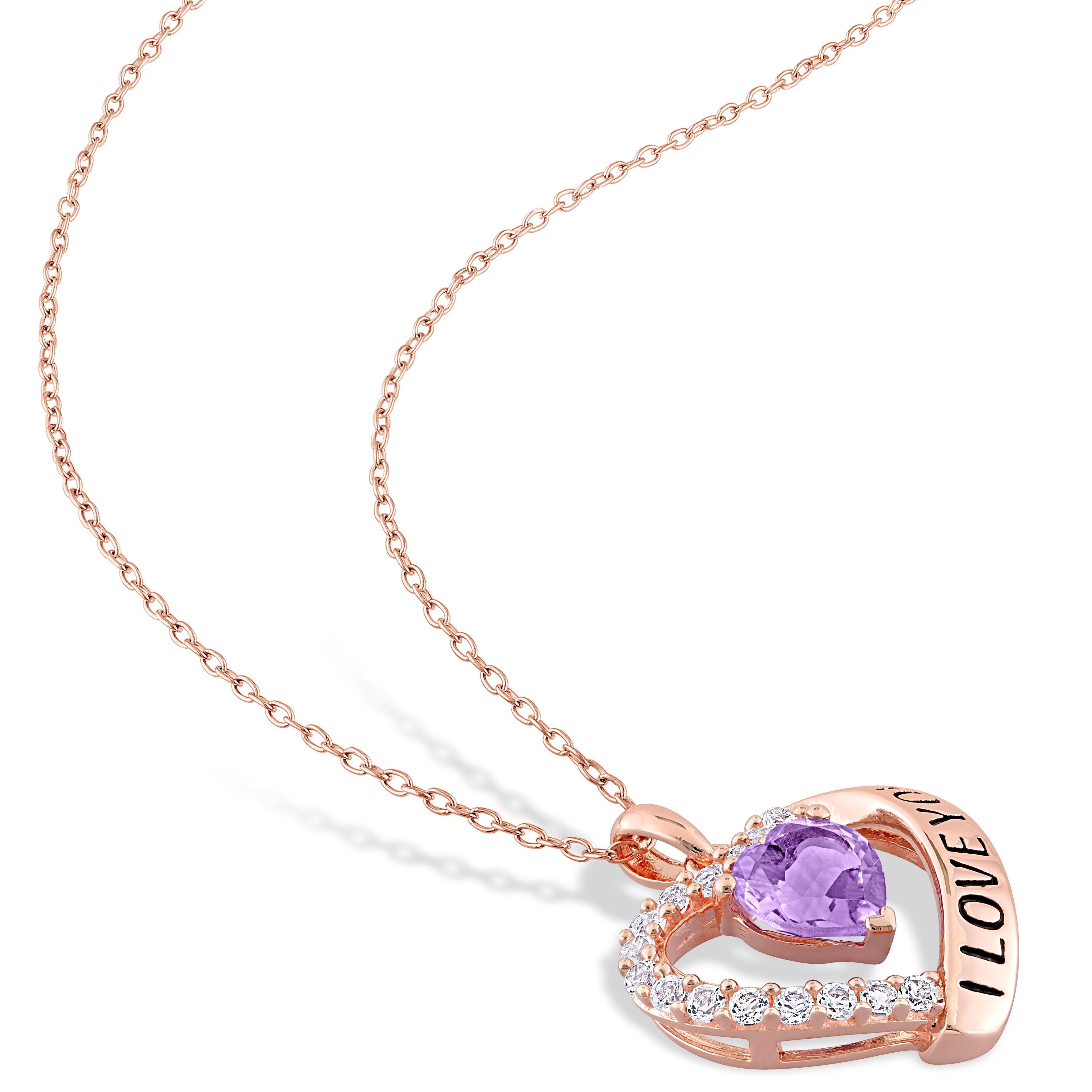 Delmar amethyst heart pendant necklace showing 'I Love You' engraved detail, close-up