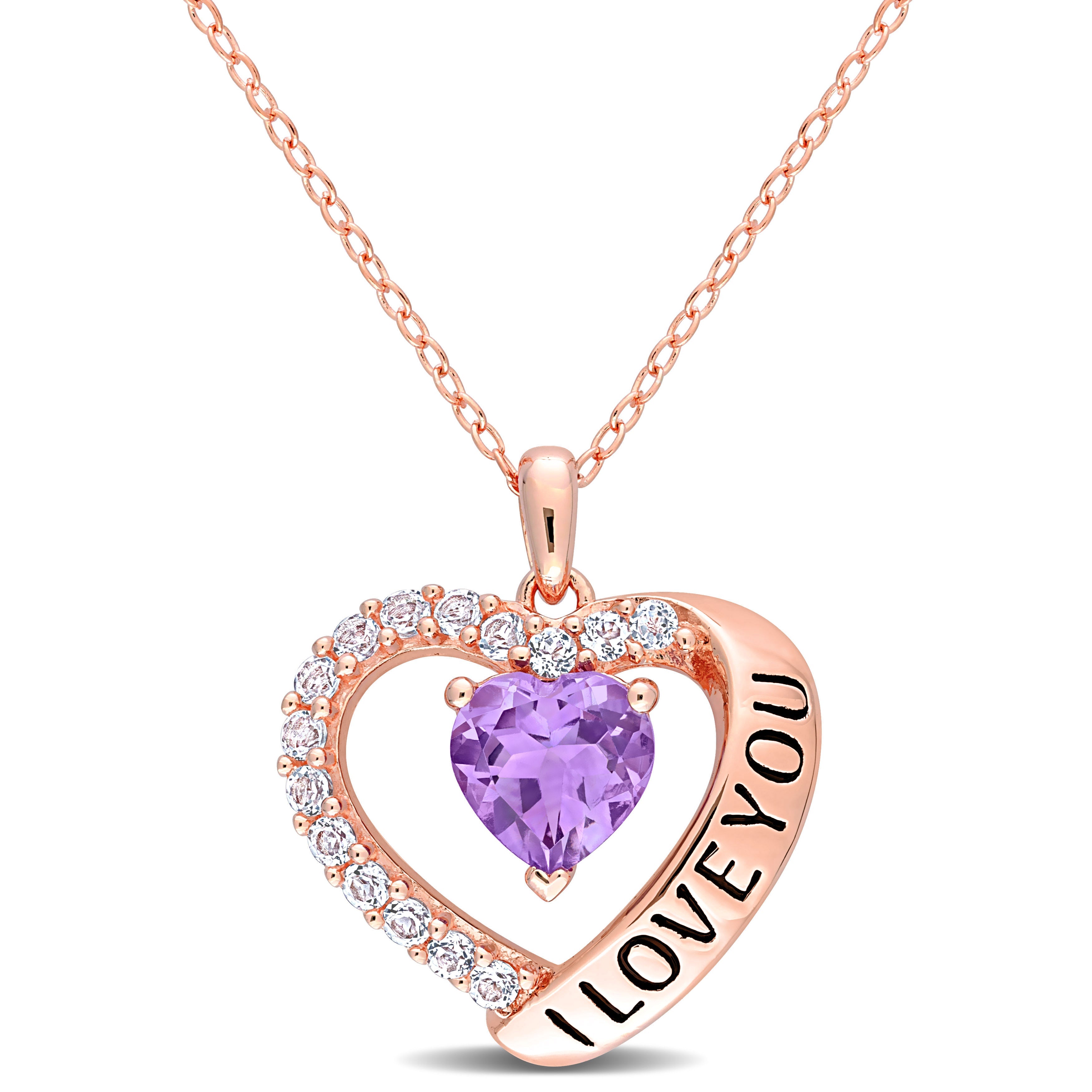 Rose gold plated amethyst heart pendant necklace with white topaz halo by Delmar, front view