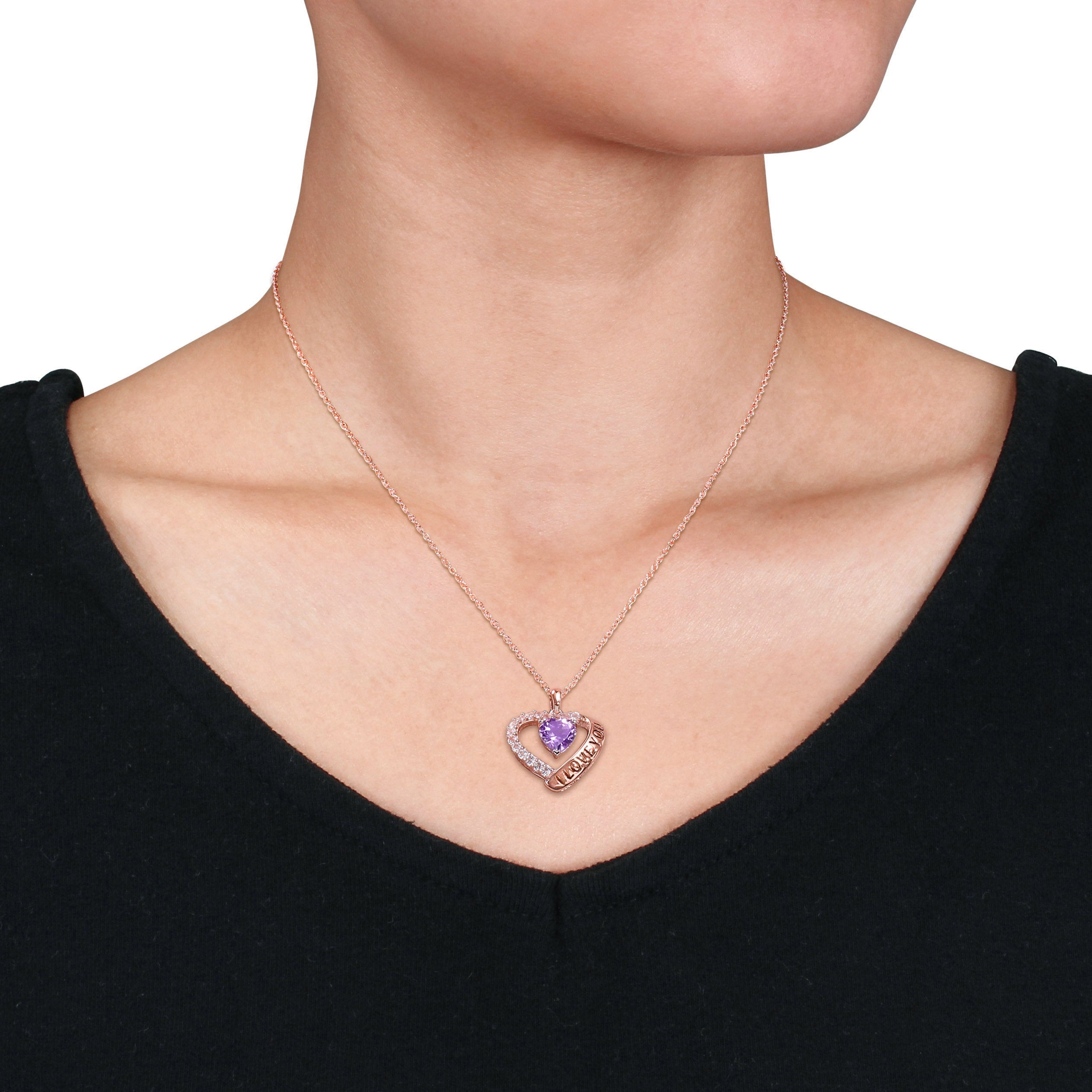 Rose gold plated sterling silver heart pendant with amethyst and white topaz, side angle