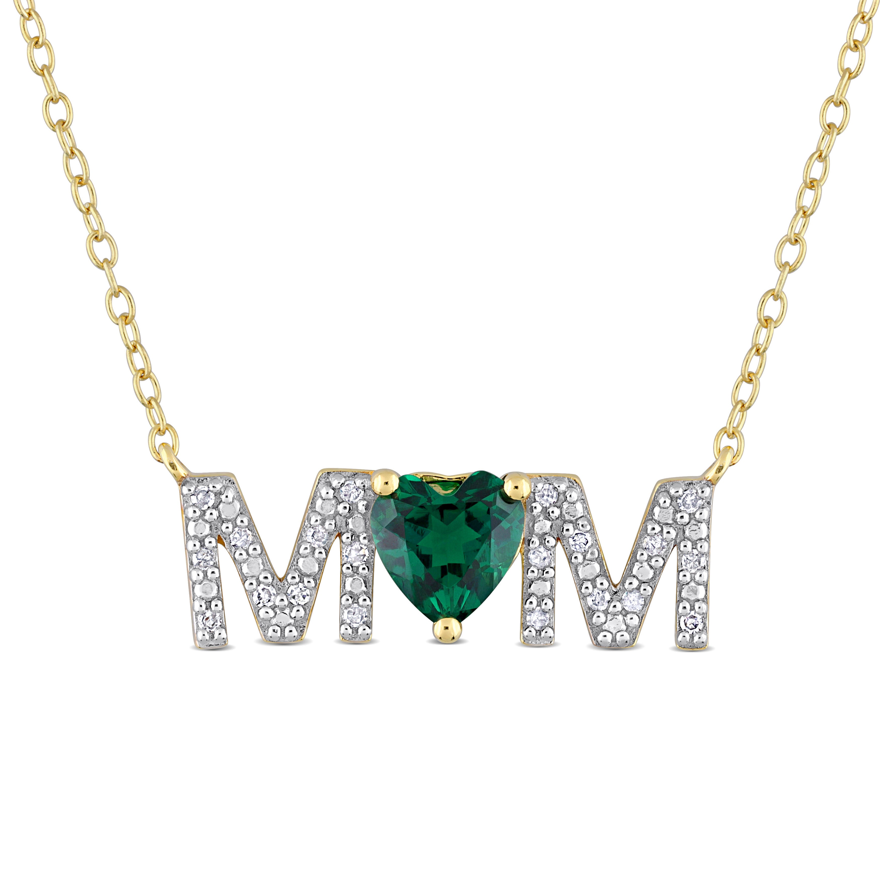 Green created emerald MOM heart necklace in sterling silver by Lord & Taylor, front view