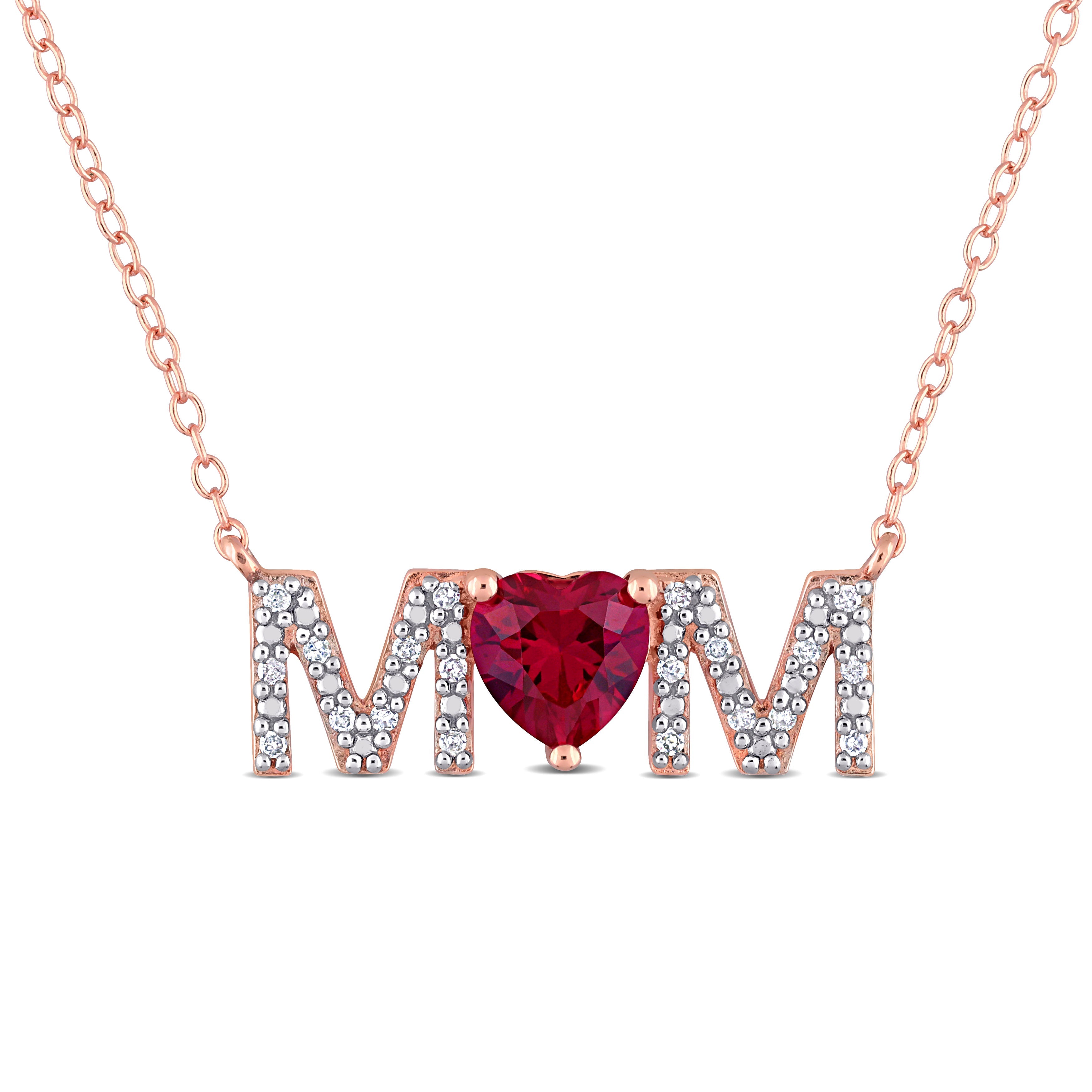 Red created ruby MOM heart necklace in sterling silver by Lord & Taylor, front view