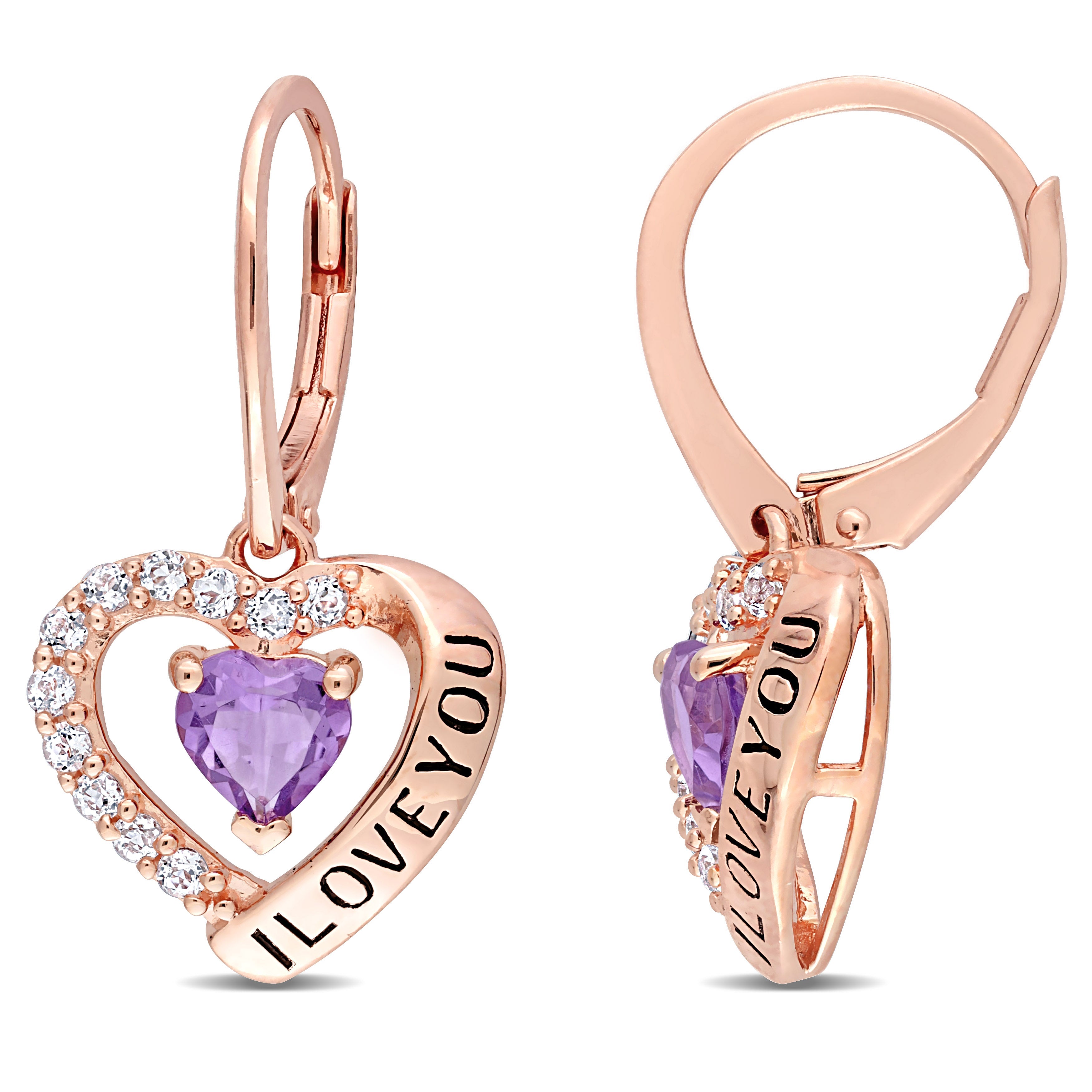 Rose gold plated amethyst heart earrings with white topaz halo by Lord & Taylor, front view