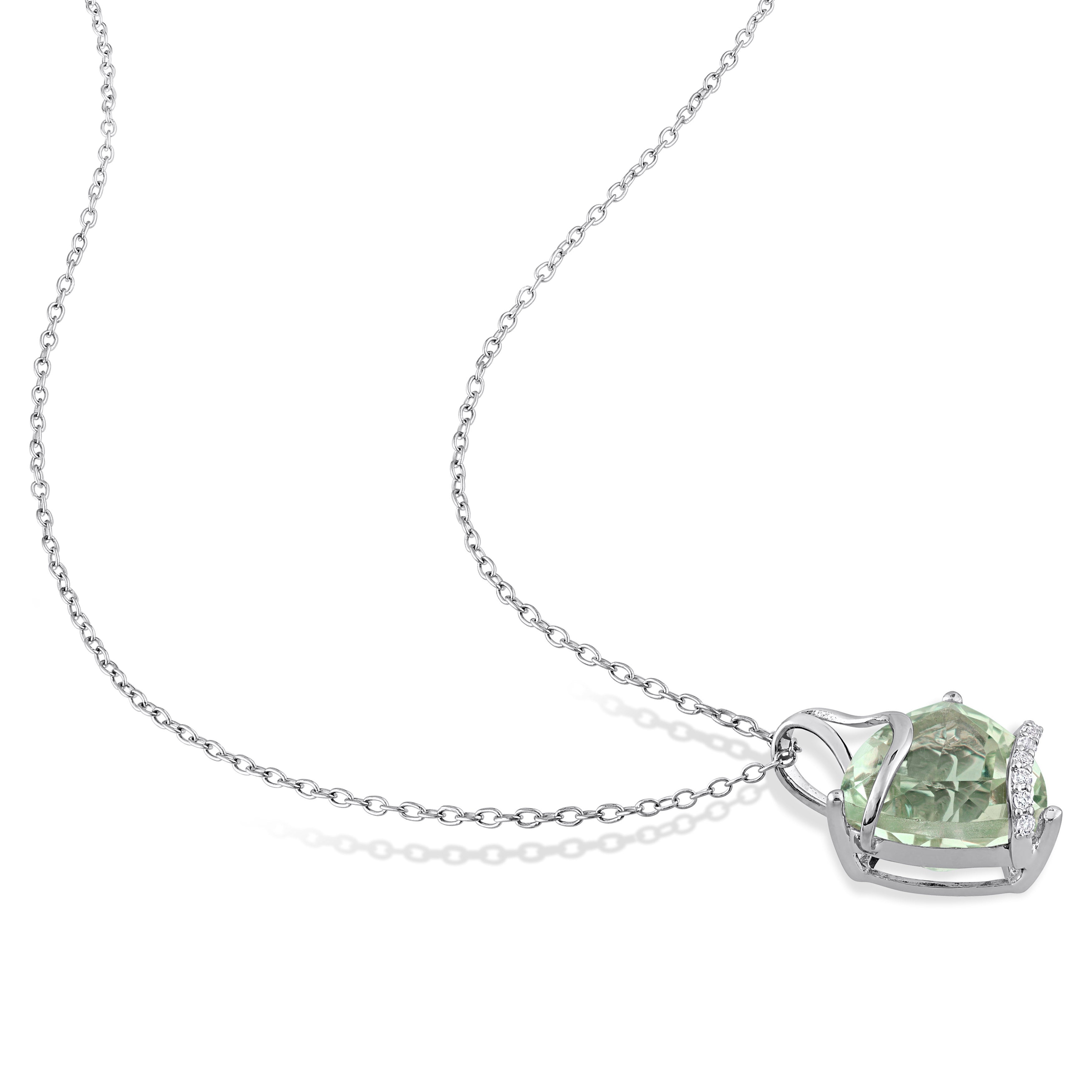 Sterling silver gemstone pendant necklace with white topaz accents, detail view of swirl setting
