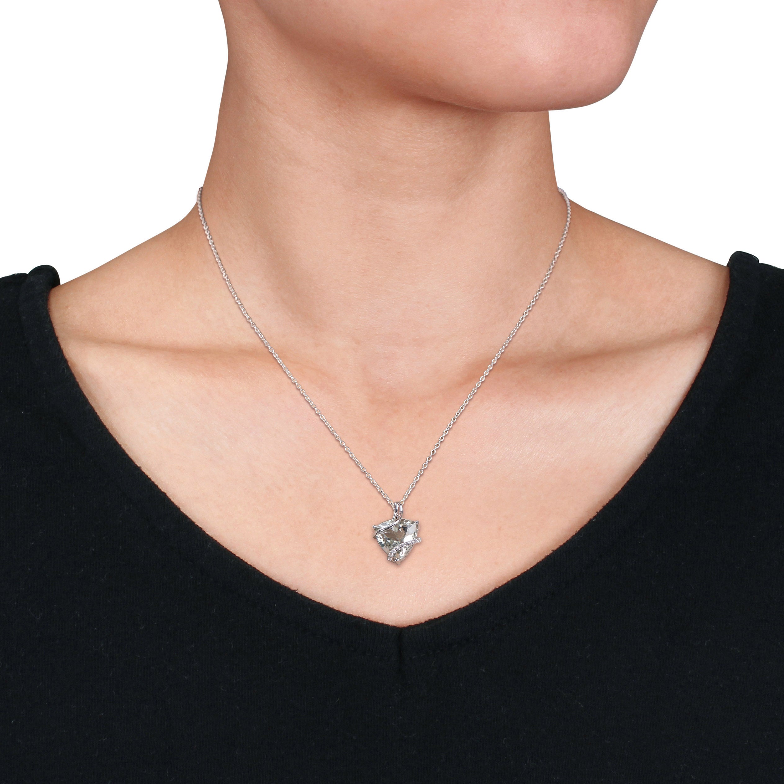 Trilliant-cut green gemstone pendant on sterling silver cable chain, full length view