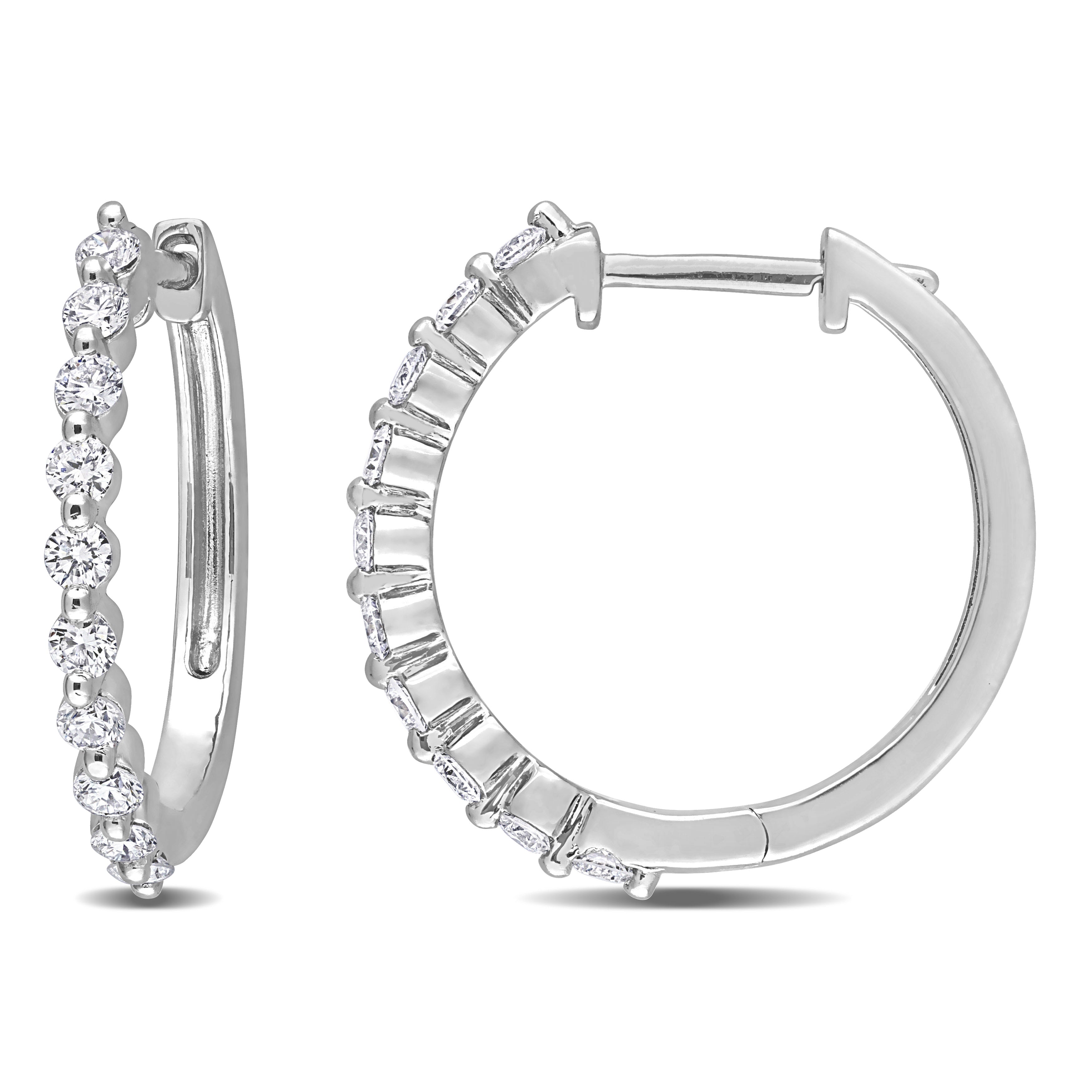Platinum-plated sterling silver lab-grown diamond hoop earrings, front view