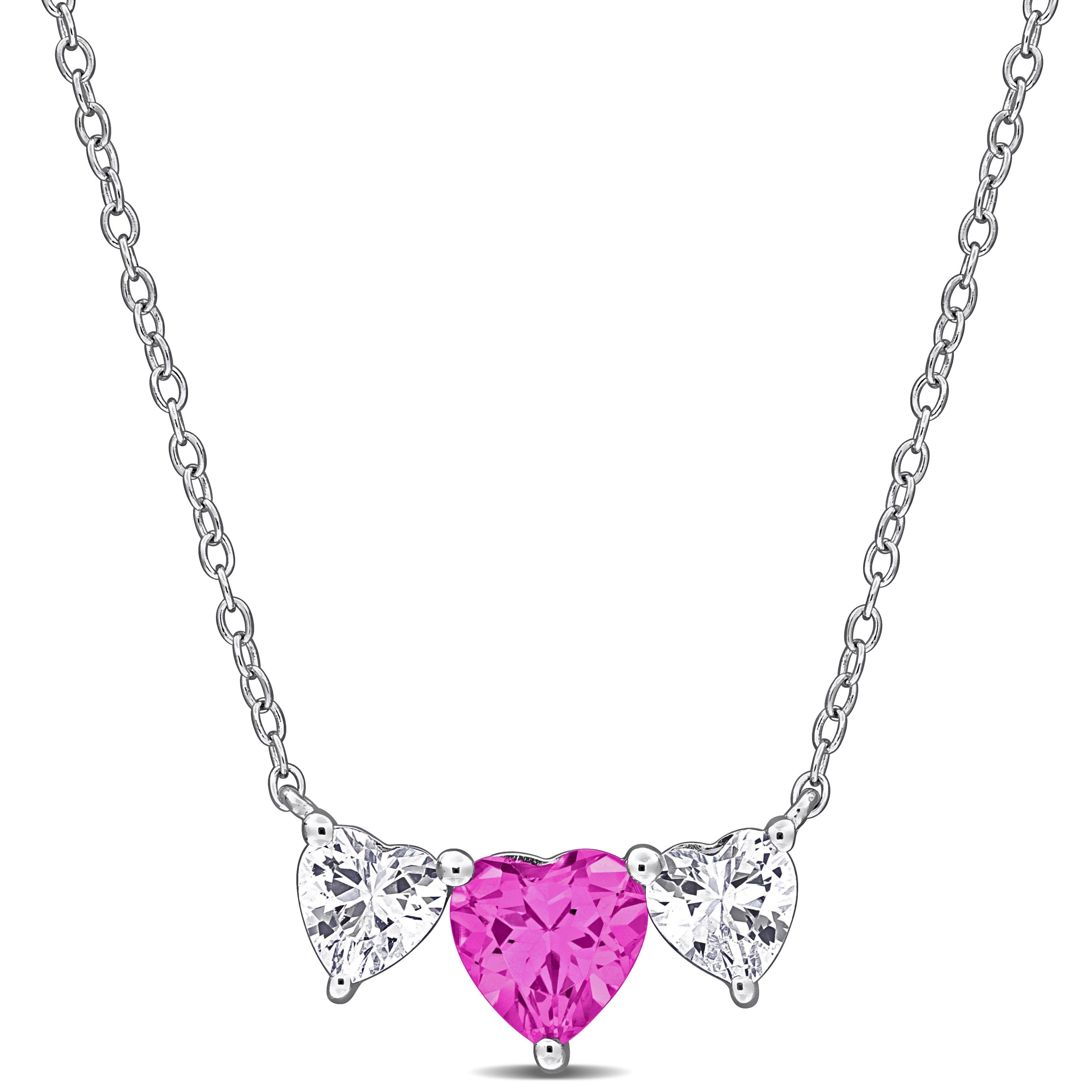 Sterling silver triple-heart pendant necklace with pink and white sapphires, front view by Lord & Taylor