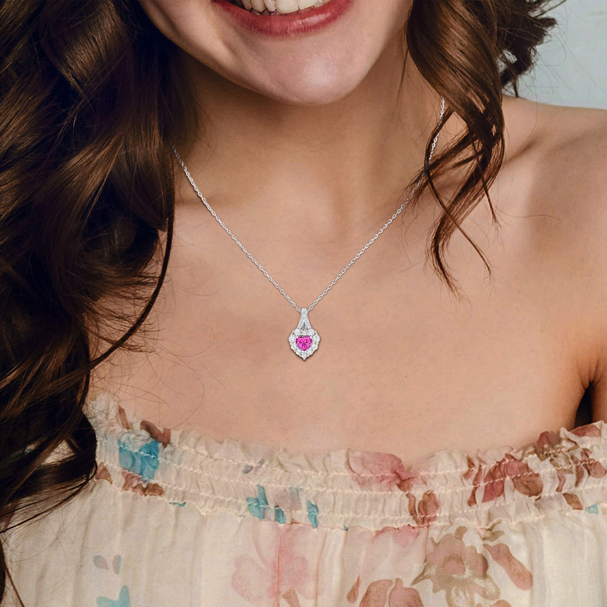 Pink sapphire heart pendant necklace worn on model by Lord & Taylor