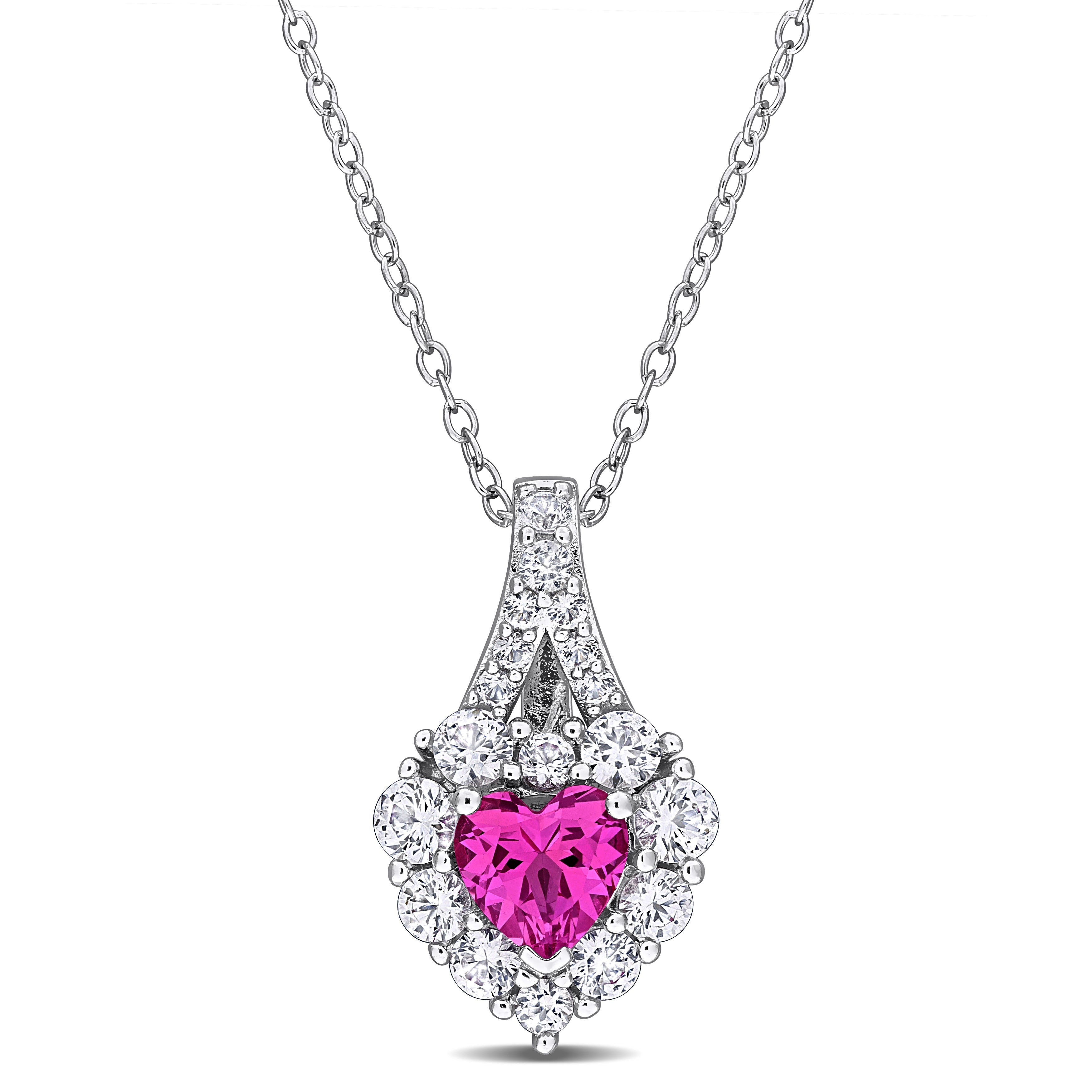 Pink sapphire heart pendant necklace with white sapphire halo, front view by Lord & Taylor