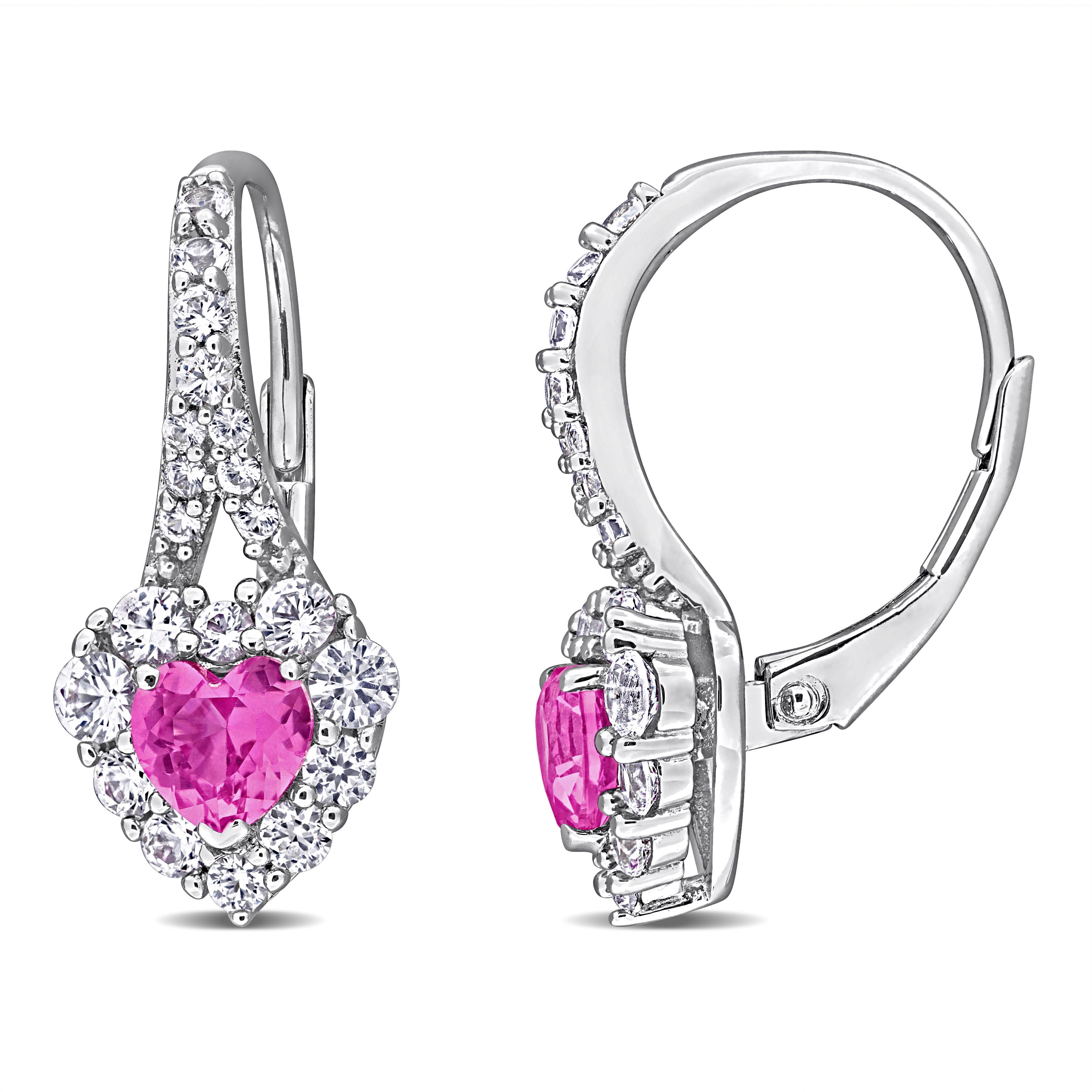 Pink sapphire heart halo earrings in sterling silver, front view by Lord & Taylor