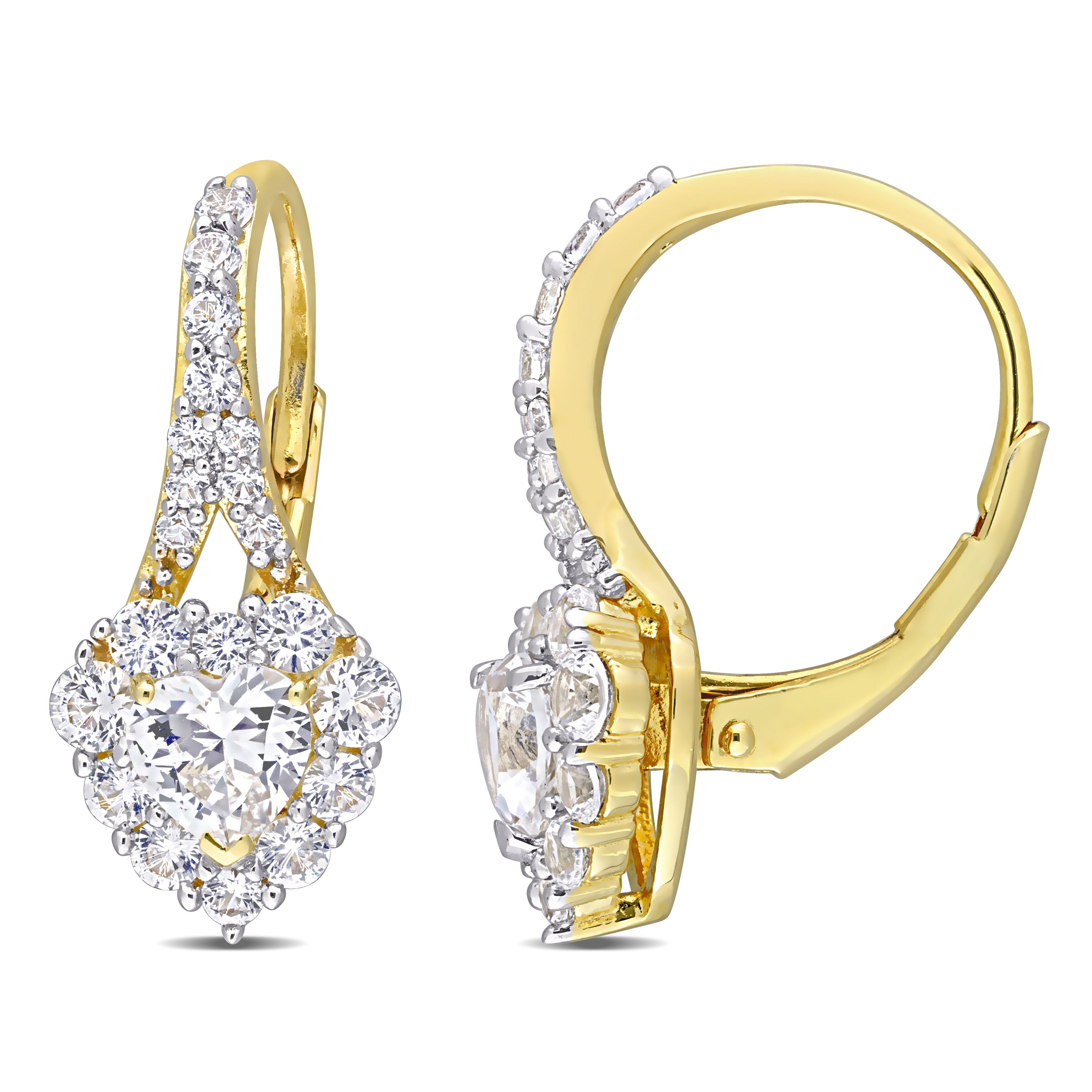 Yellow-plated silver heart earrings with white sapphire halo by Lord & Taylor, front view