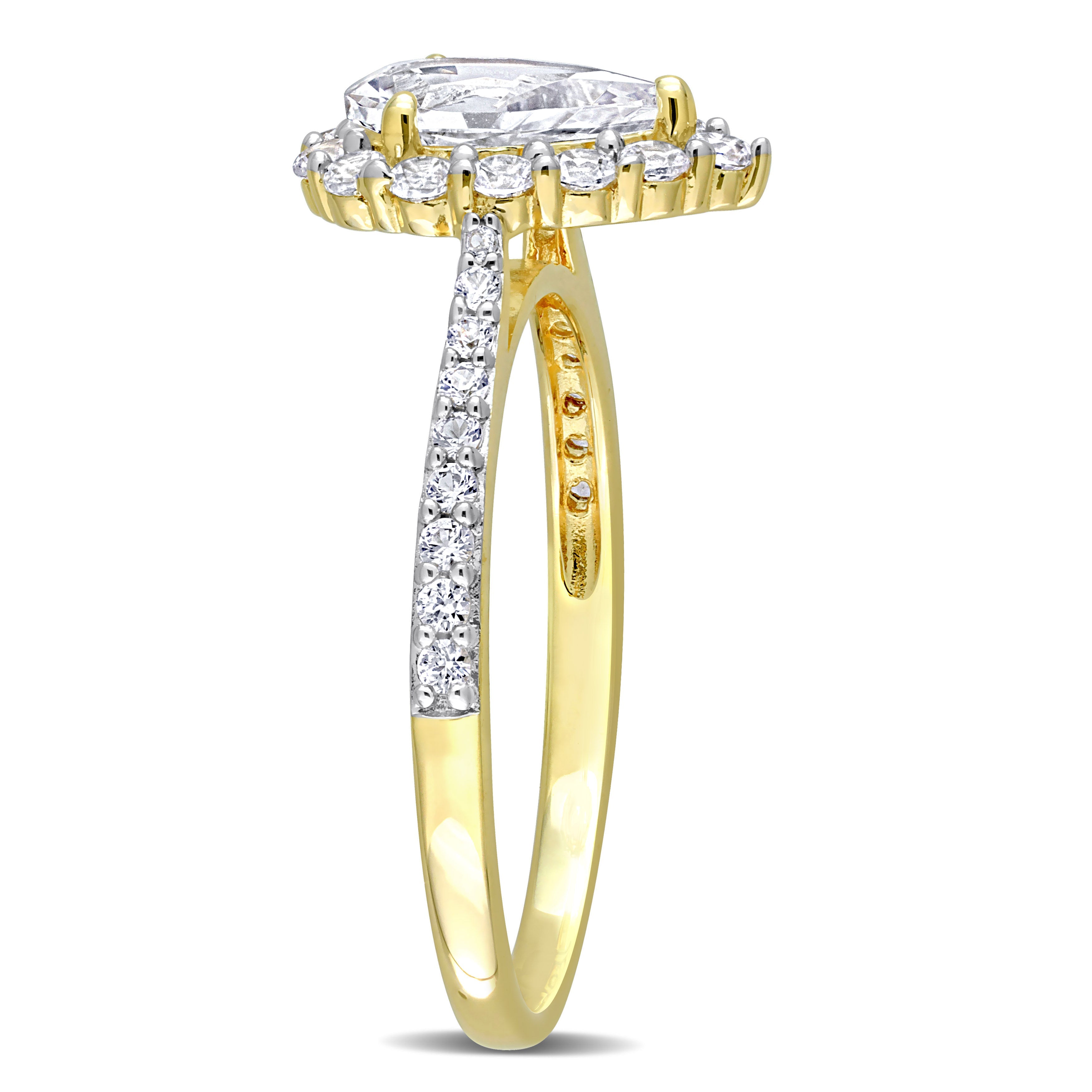 Yellow gold plated teardrop halo ring with pear-cut white sapphire, side profile by Lord & Taylor