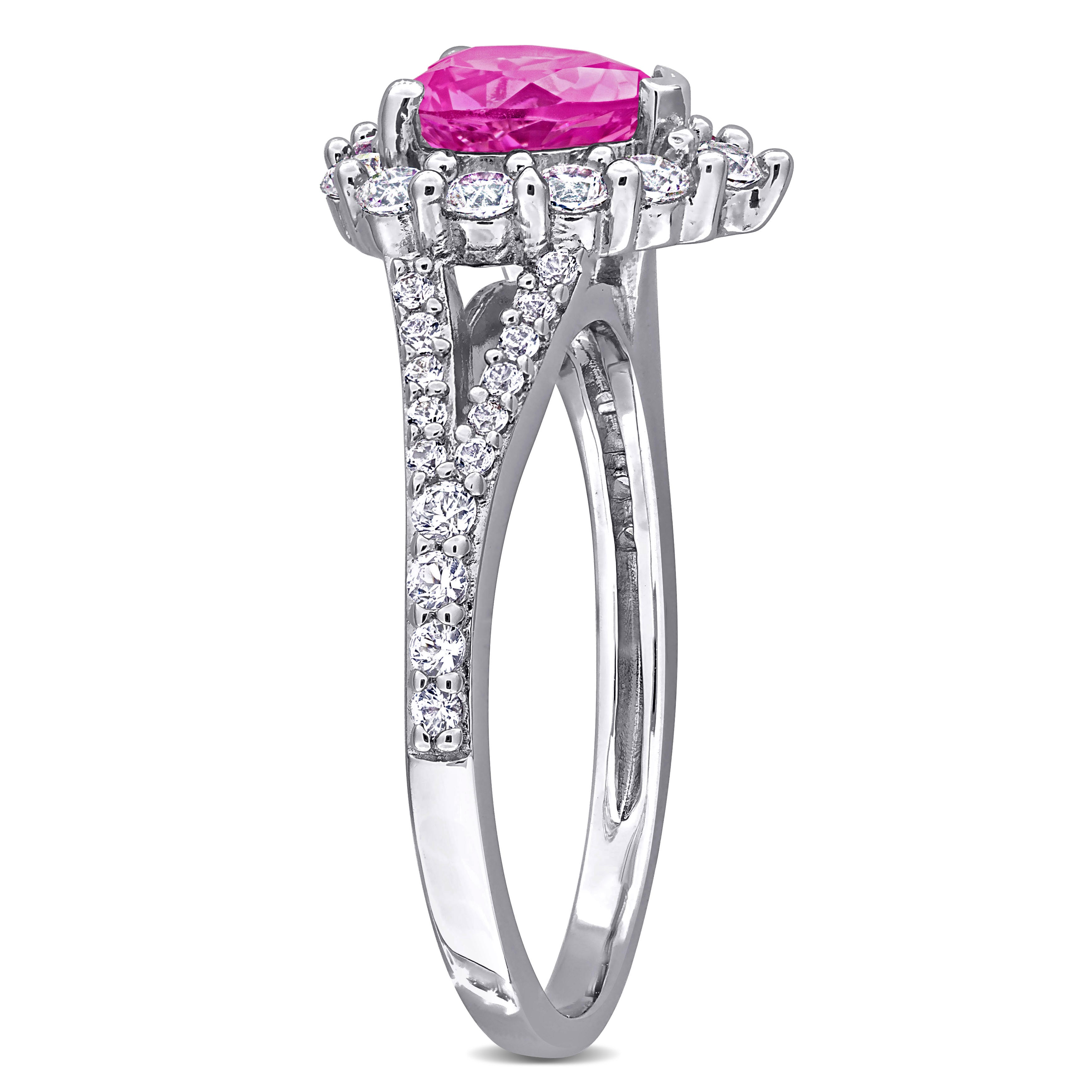 Pink sapphire heart halo ring in sterling silver by Delmar, back view