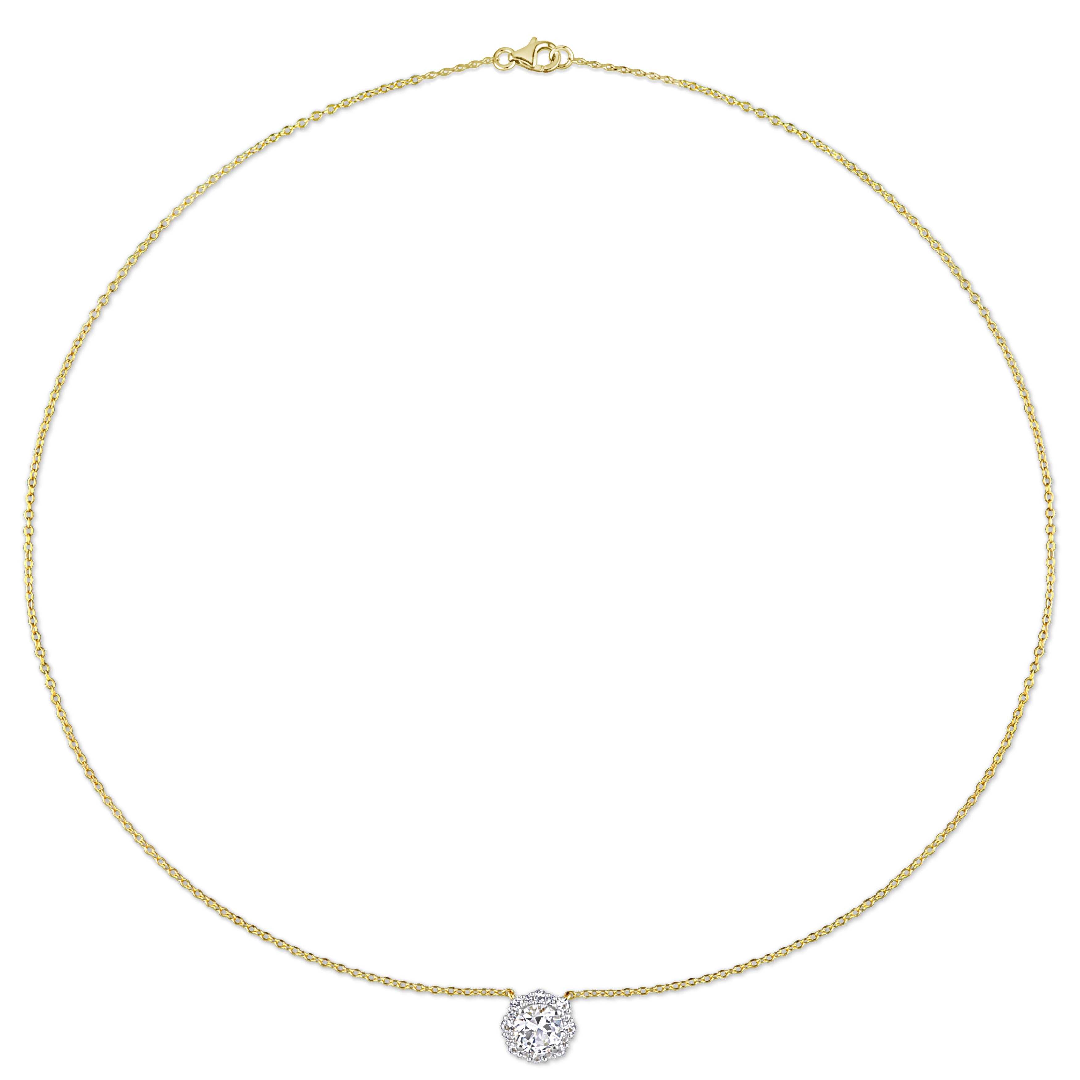 Yellow gold plated halo pendant necklace with white sapphire by Lord & Taylor, detail view