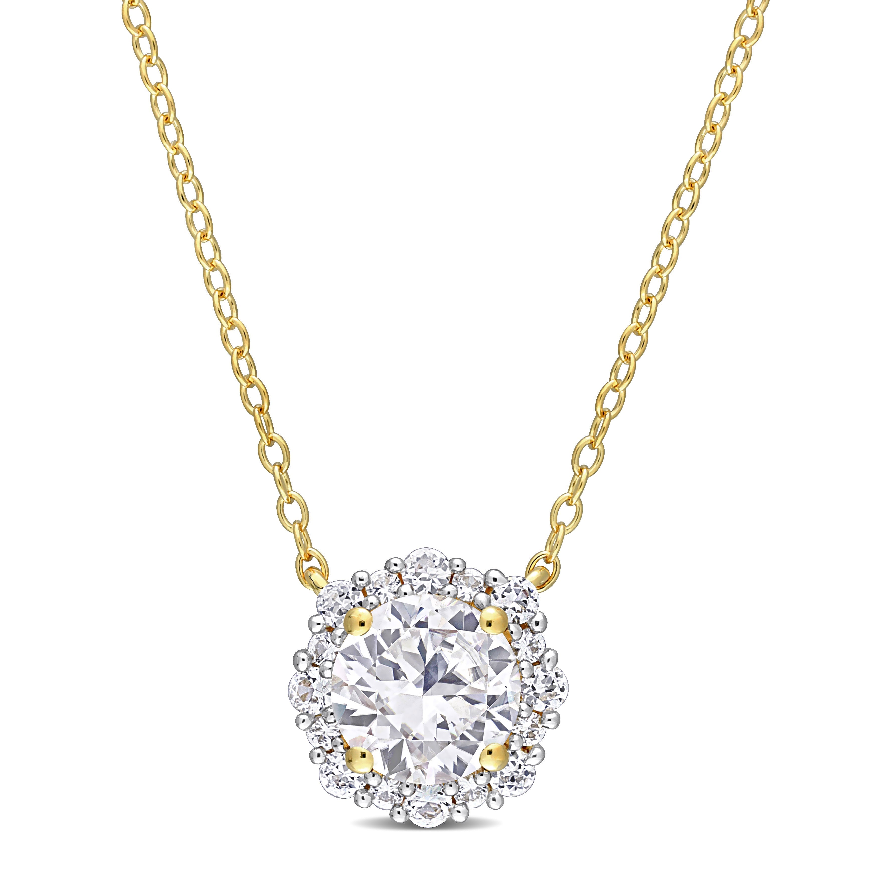 Yellow gold plated halo pendant necklace with white sapphire by Lord & Taylor, front view