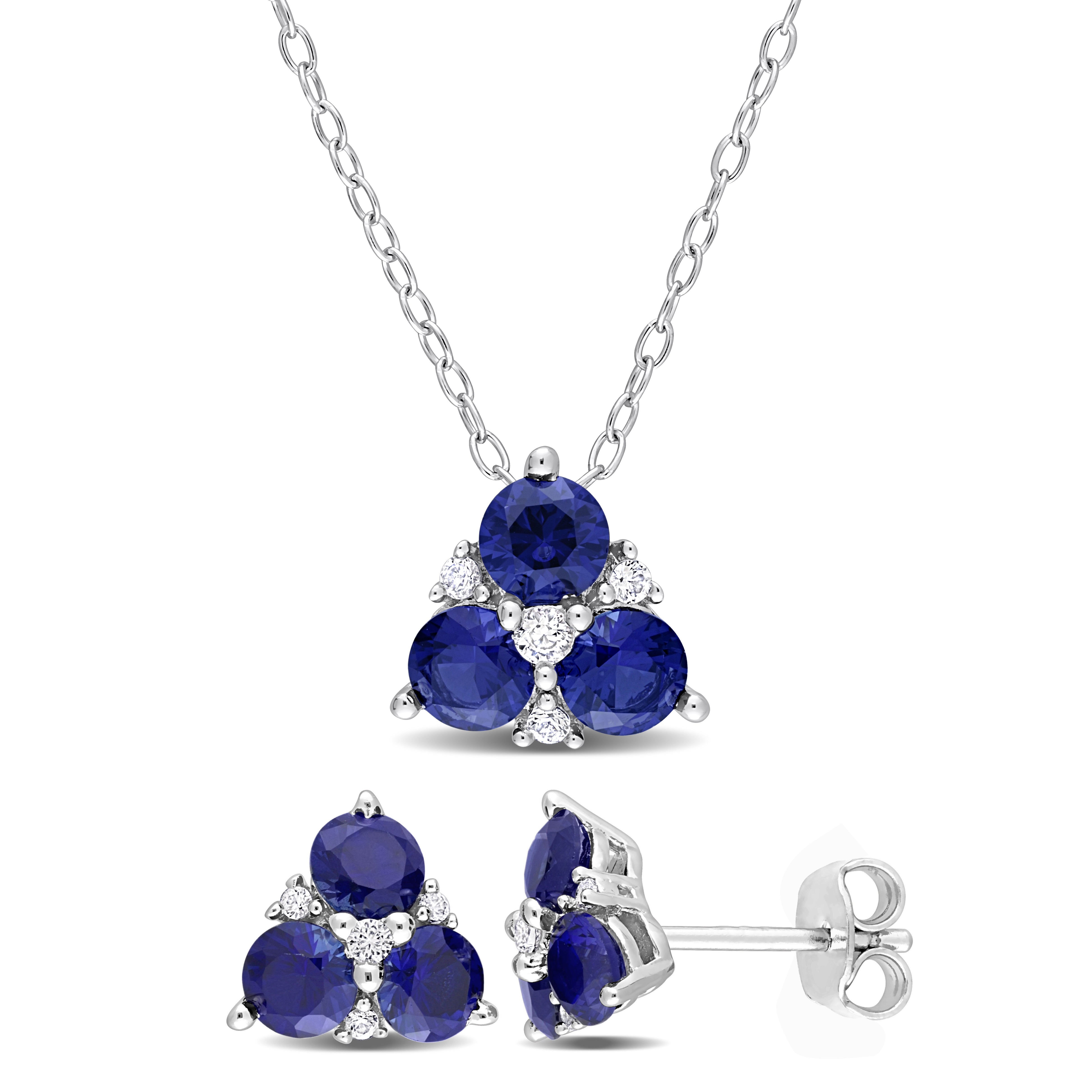 Blue sapphire three-stone pendant necklace and earring set in sterling silver by Lord & Taylor, front view