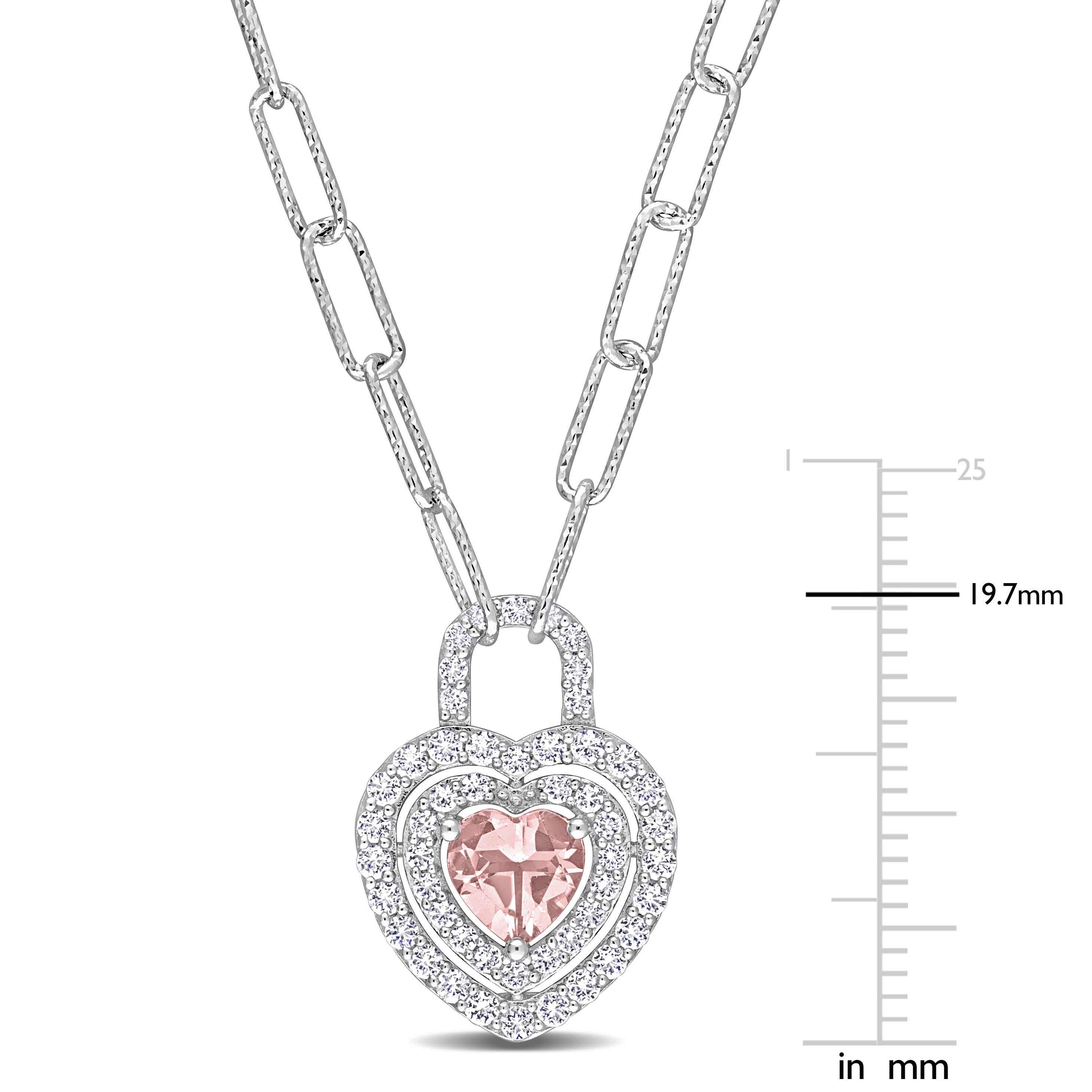 Close-up of heart-cut morganite gemstone with created white sapphire double halo in sterling silver by Delmar