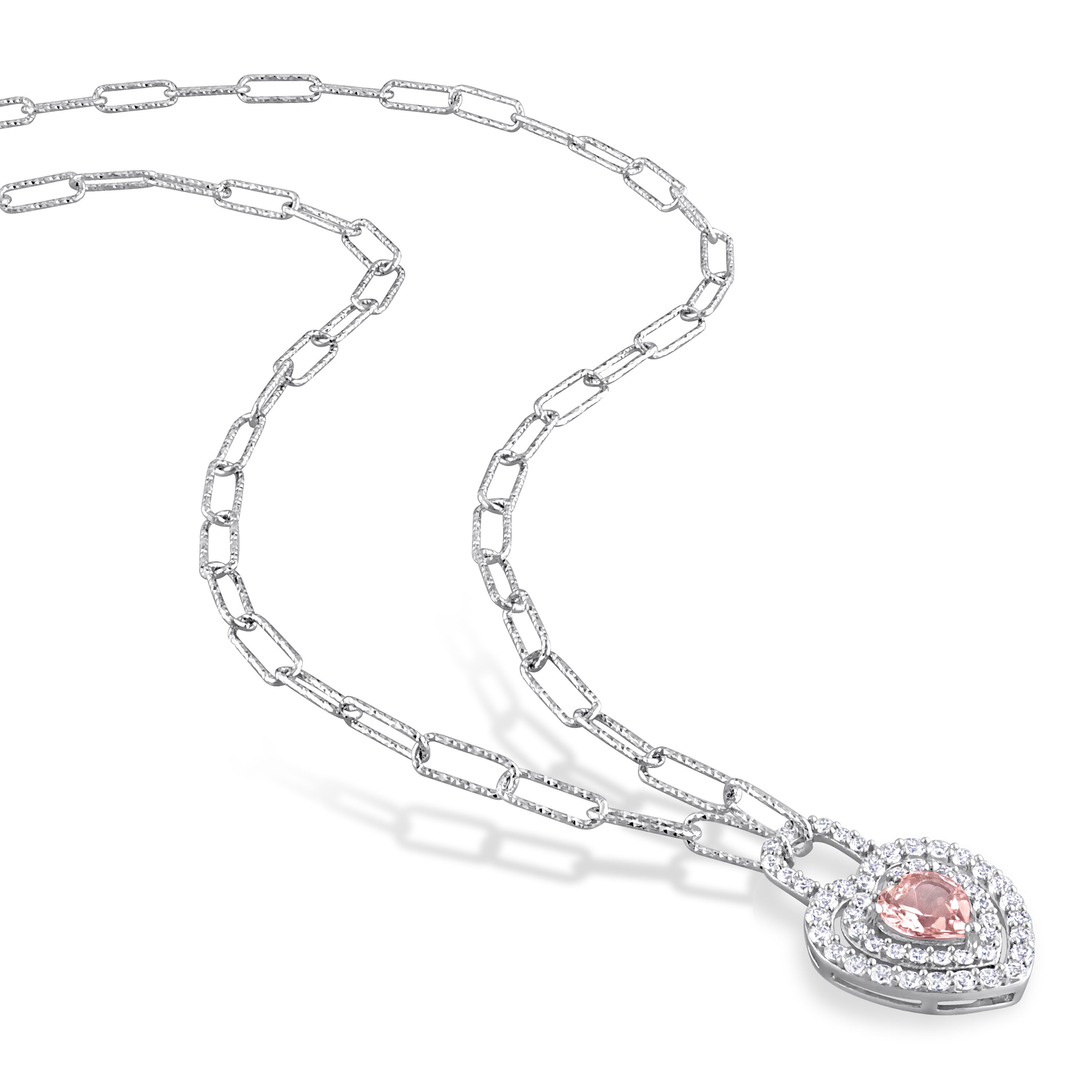 Morganite heart-lock pendant necklace in sterling silver, diagonal view showing double halo detail by Delmar