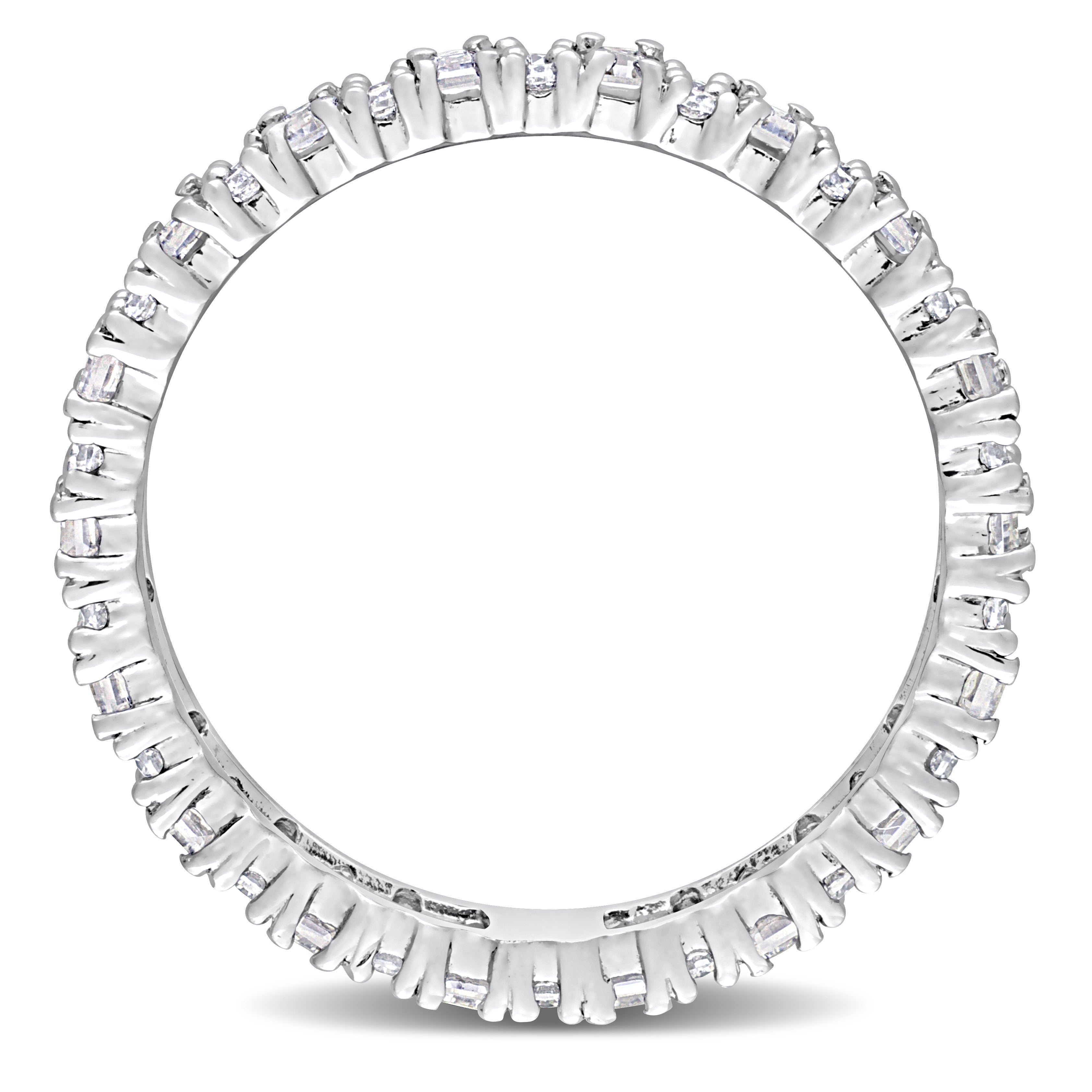 Sterling silver moissanite eternity band by Lord & Taylor, angled view