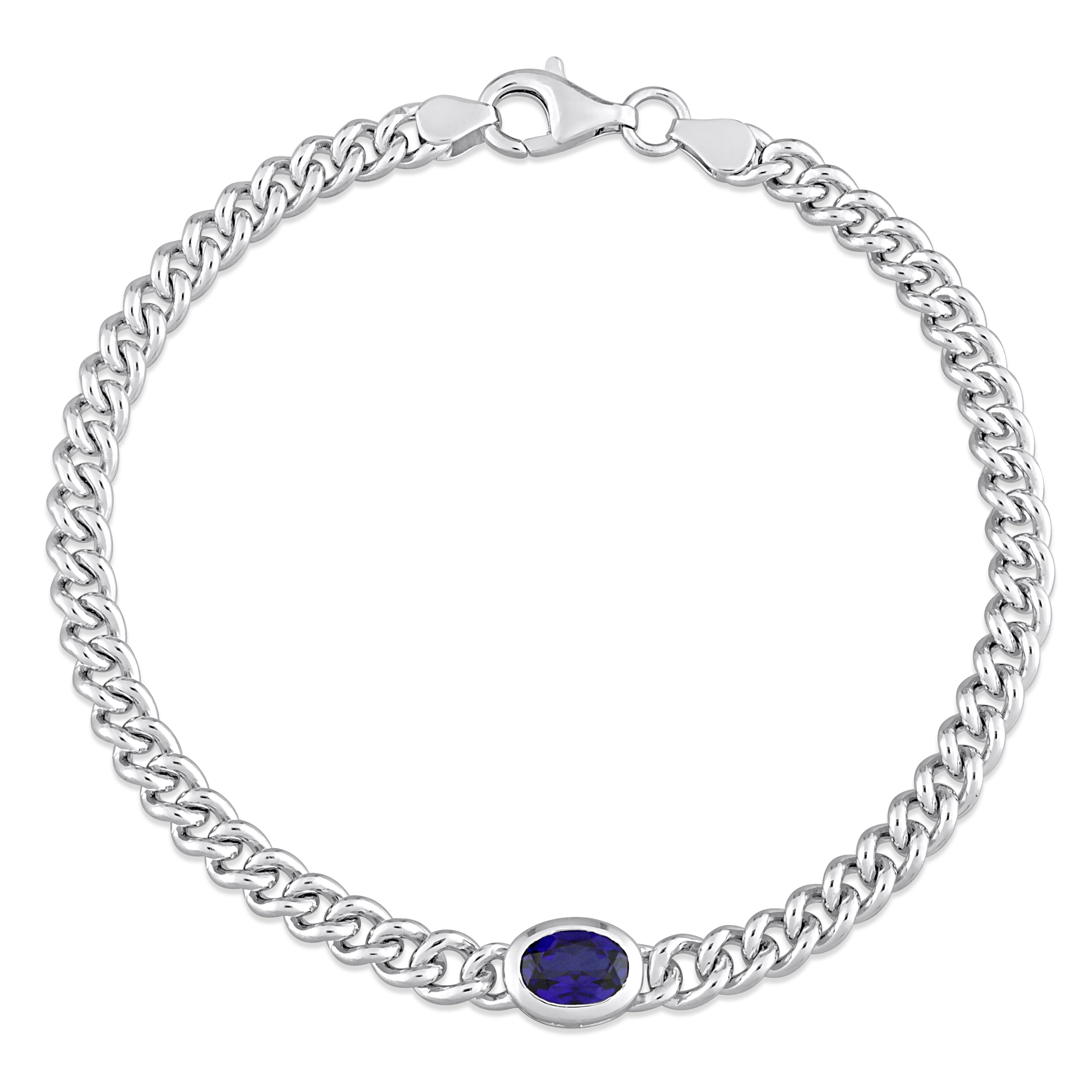 Blue sapphire sterling silver curb chain bracelet, front view by Lord & Taylor