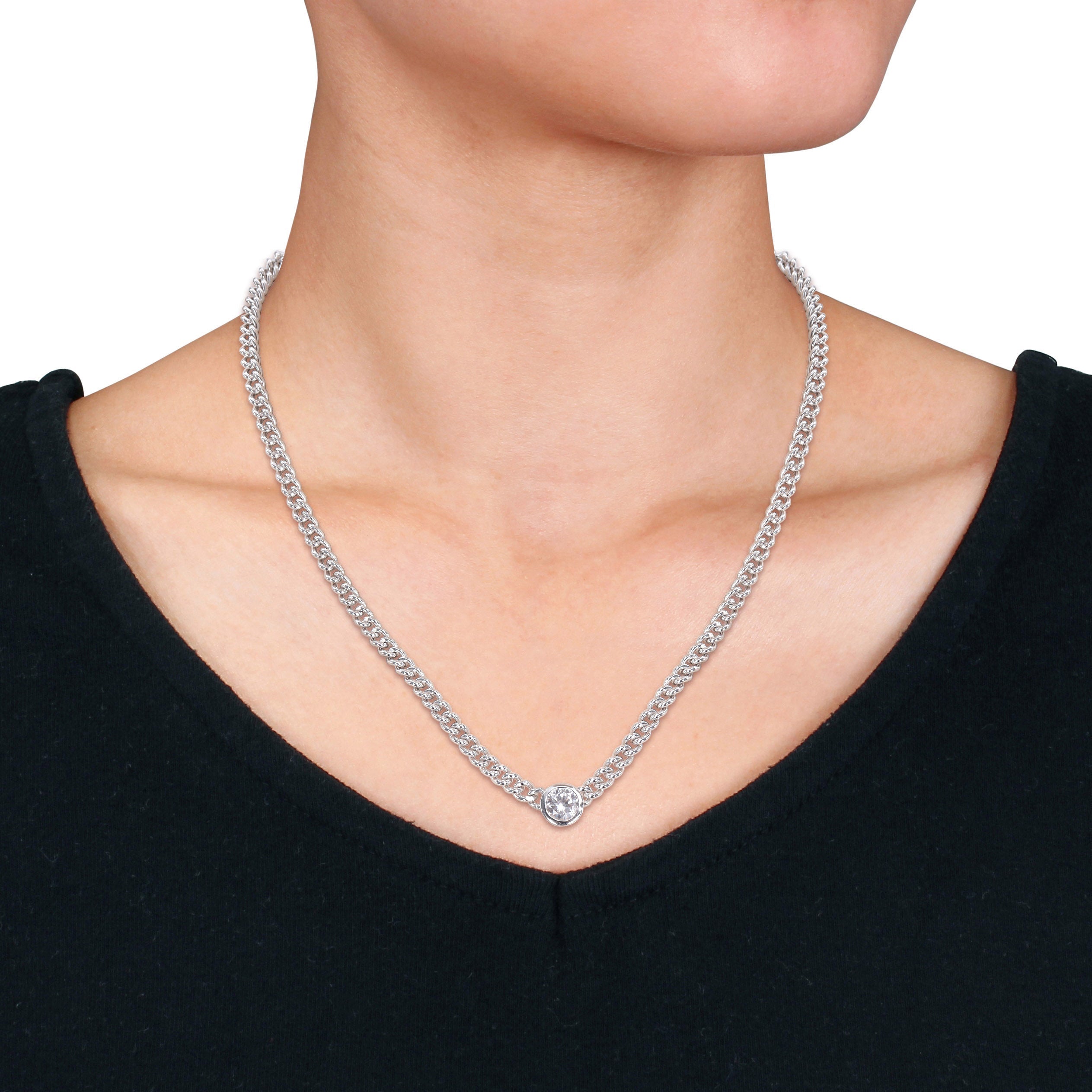 Created white sapphire gemstone necklace on sterling silver curb chain, angled view