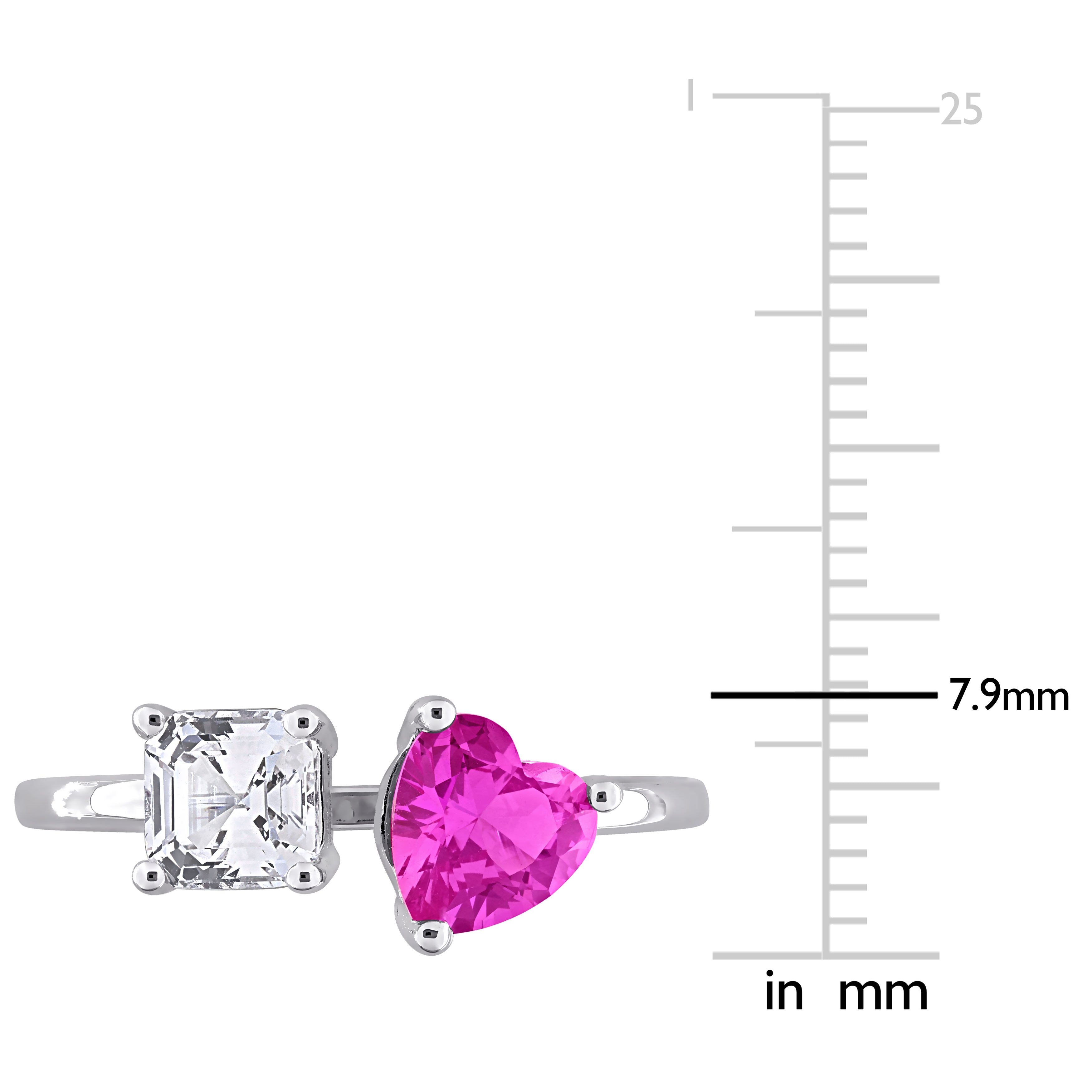 Close-up of heart-shaped pink and white sapphires in Delmar sterling silver ring