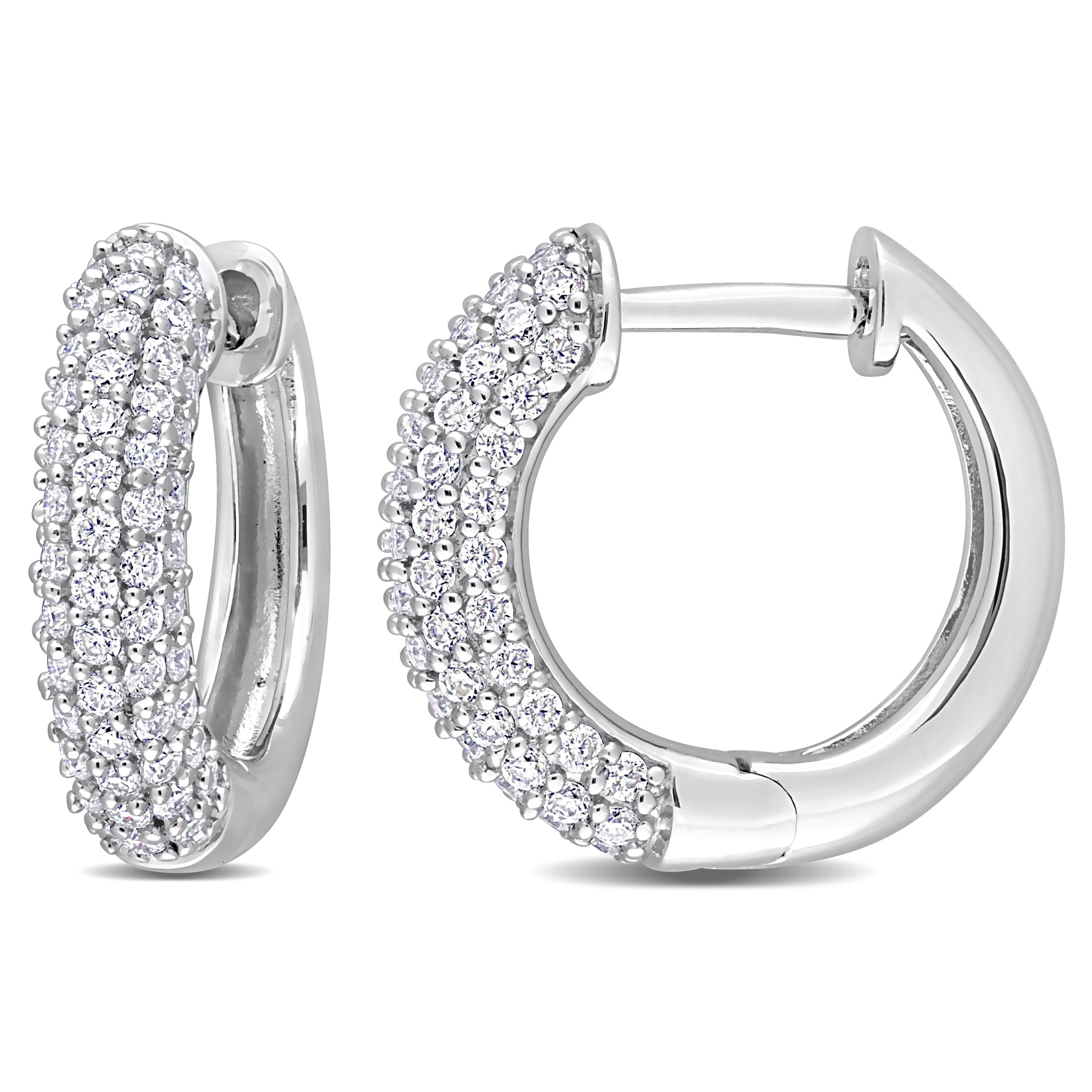 Sterling silver multi-row hoop earrings with white moissanite, front view by Lord & Taylor