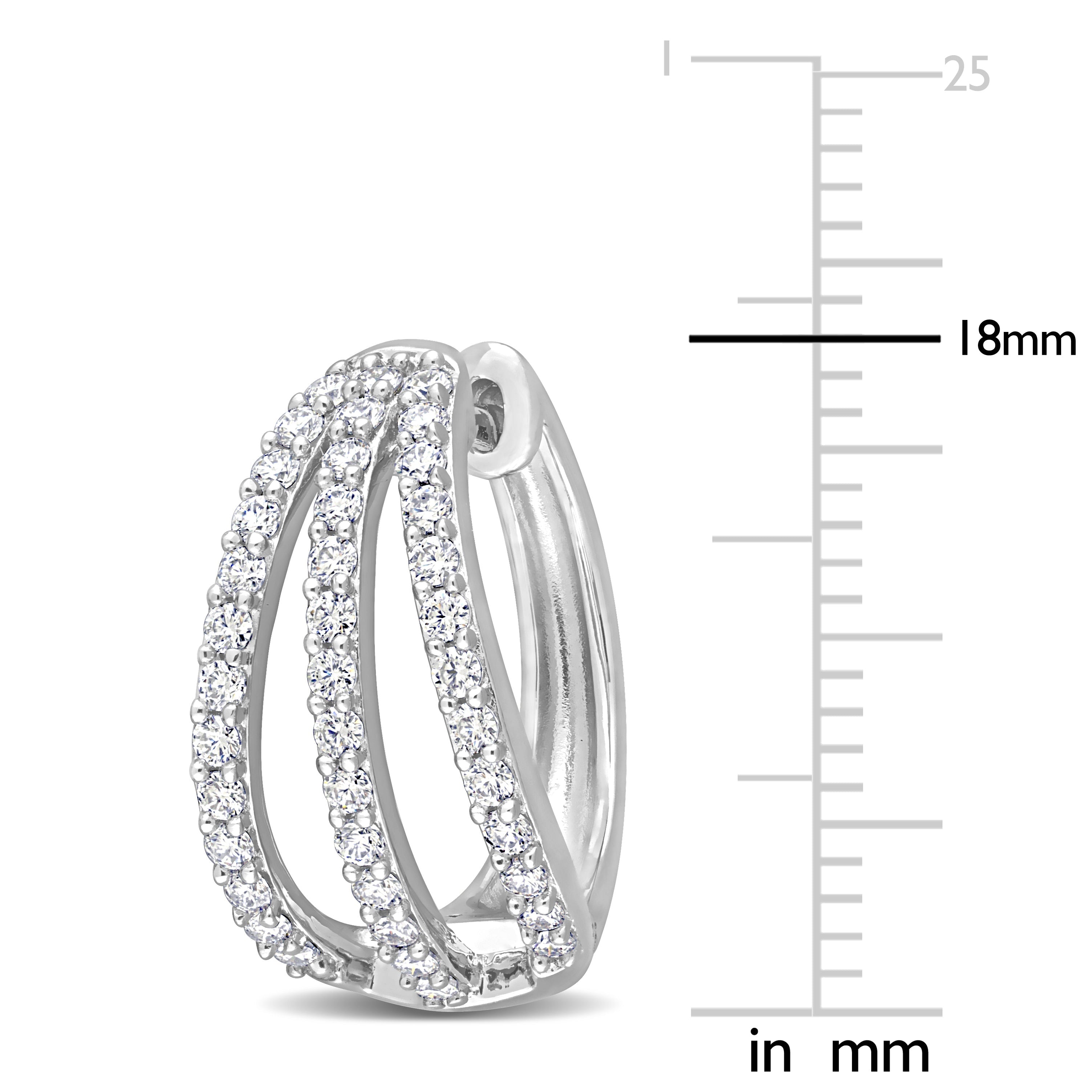 Sterling silver moissanite hoop earrings showing pave-set detail, close-up view