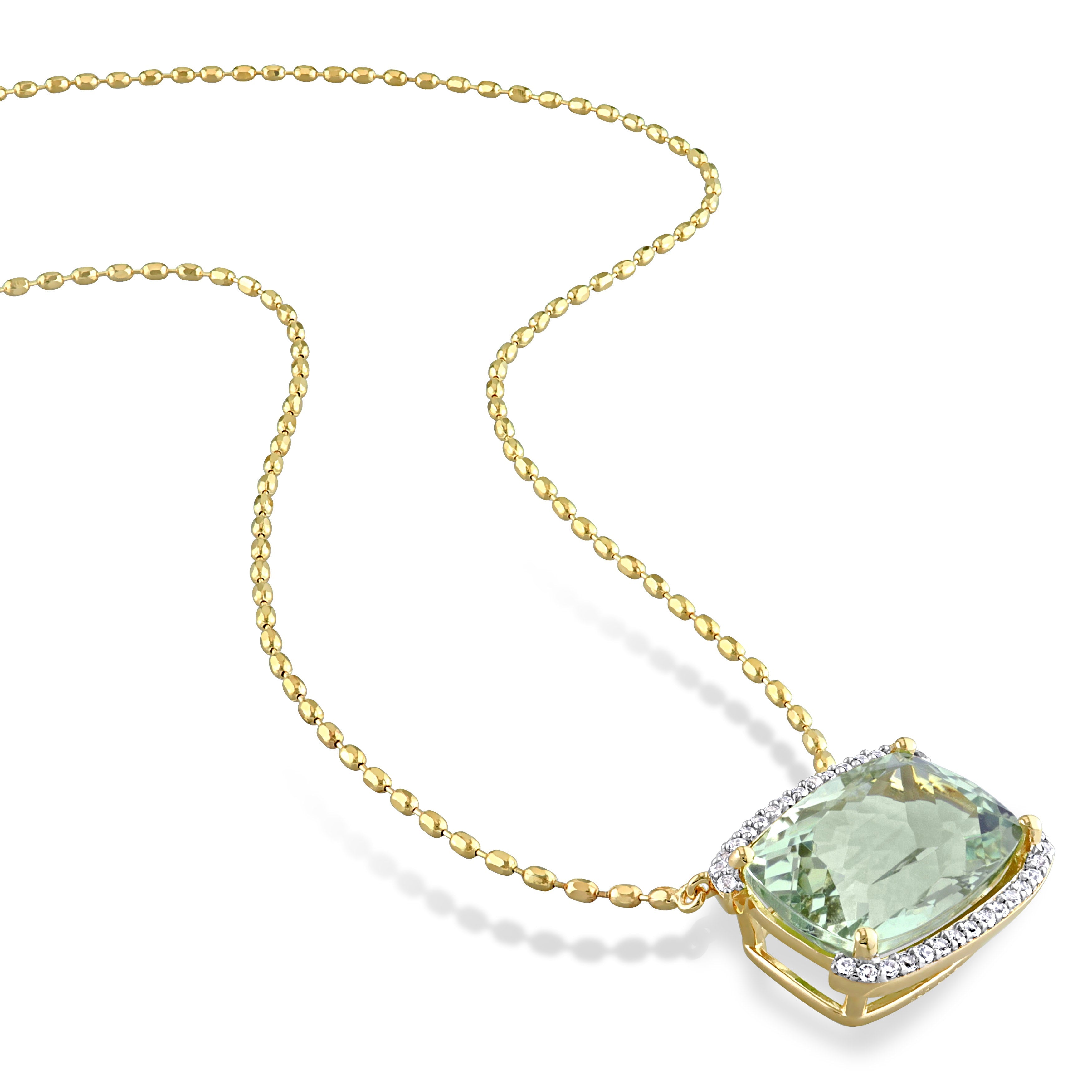 Green quartz pendant necklace with white topaz halo, detail of cushion-cut stone and prong setting by Lord & Taylor