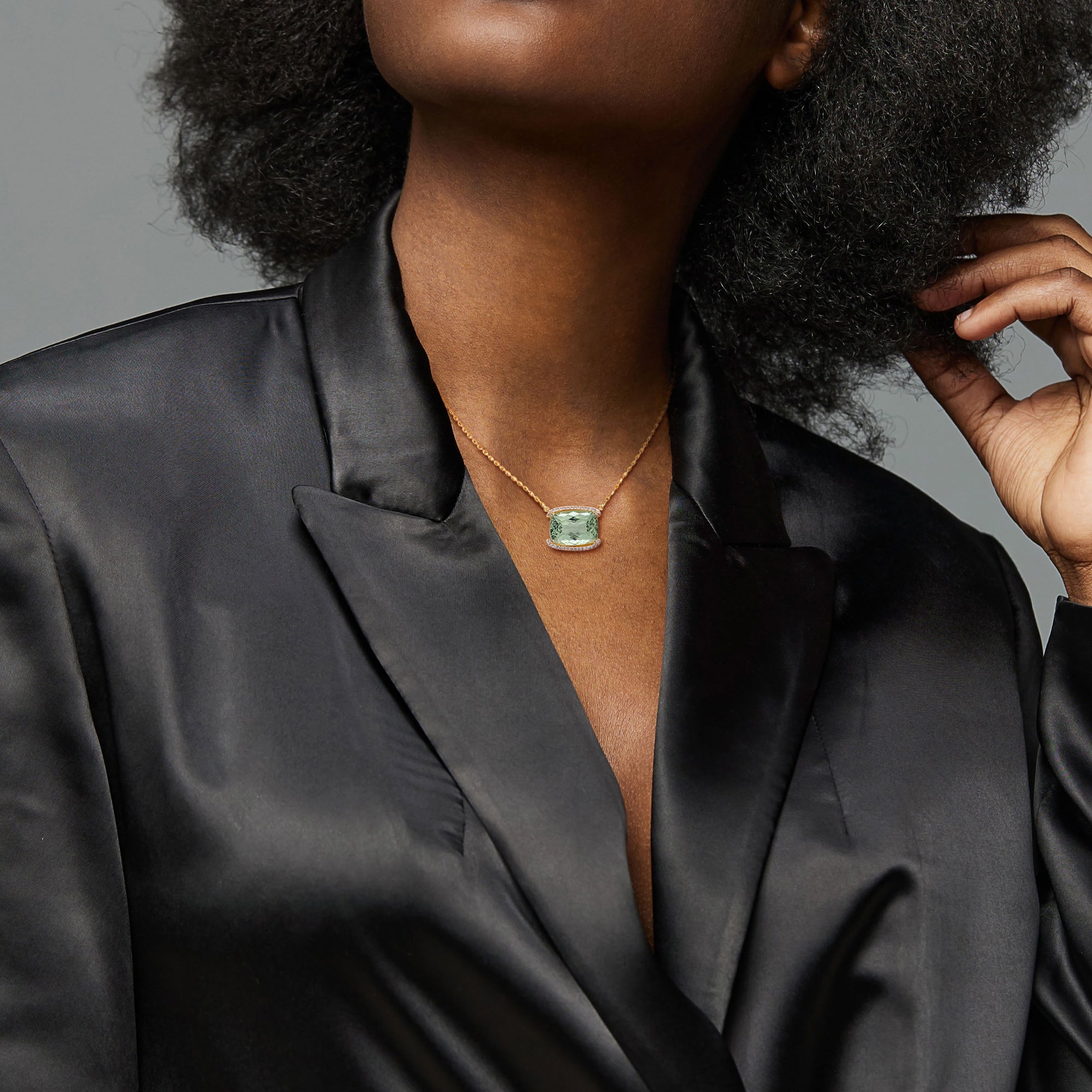 Green quartz and white topaz pendant necklace worn, lifestyle view by Lord & Taylor