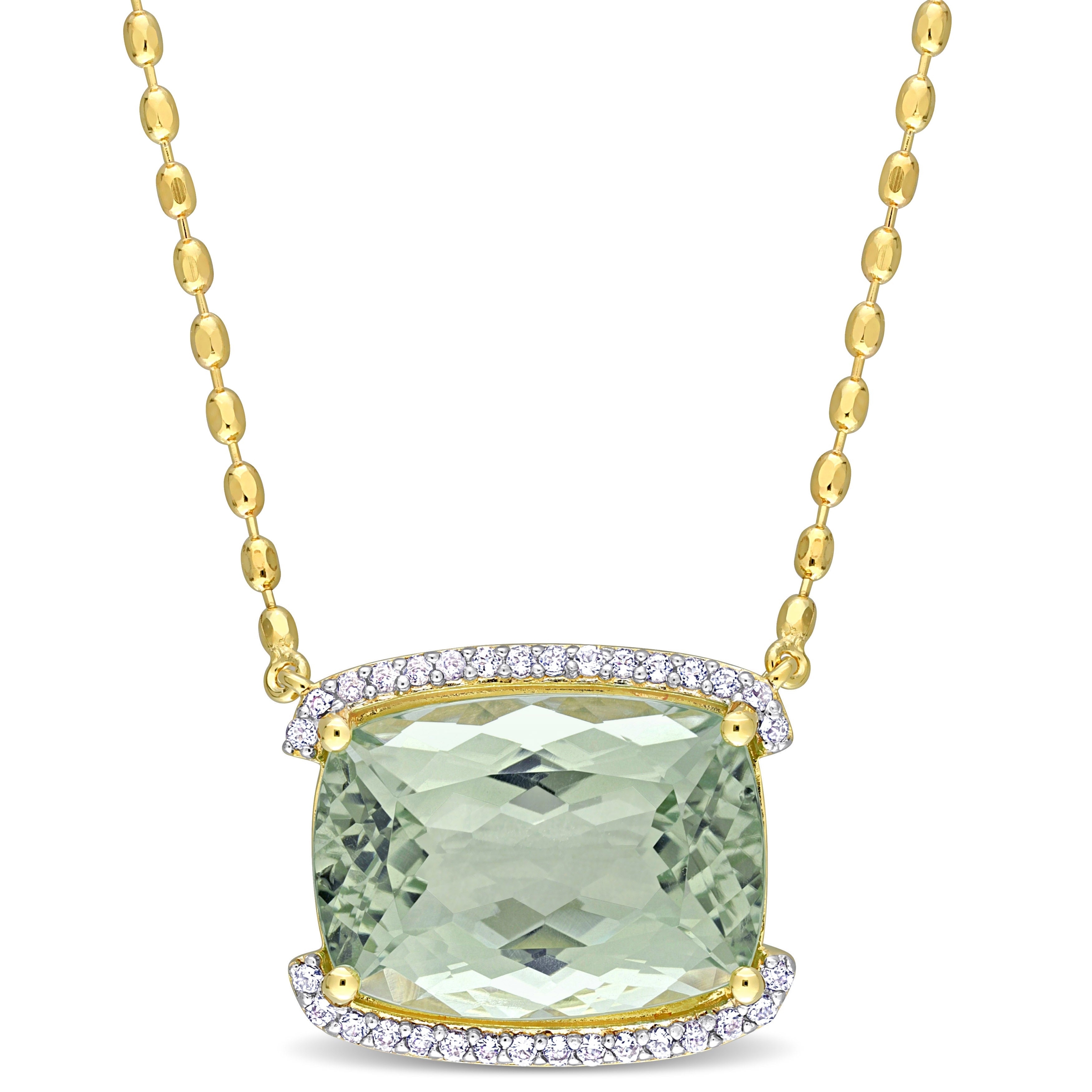 Yellow-plated sterling silver pendant necklace with green quartz and white topaz semi-halo, front view by Lord & Taylor