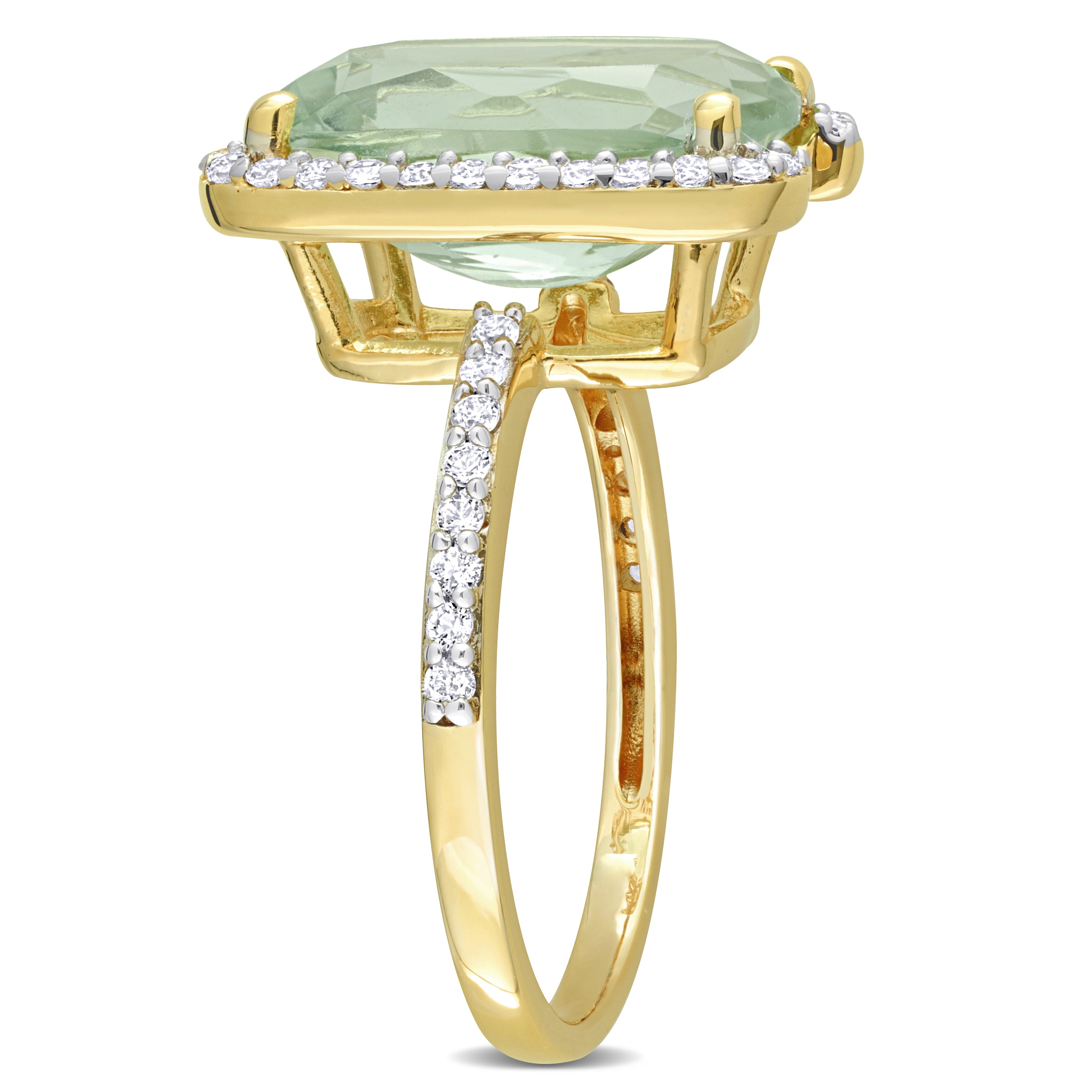 Green quartz ring with white topaz halo, side profile view by Lord & Taylor