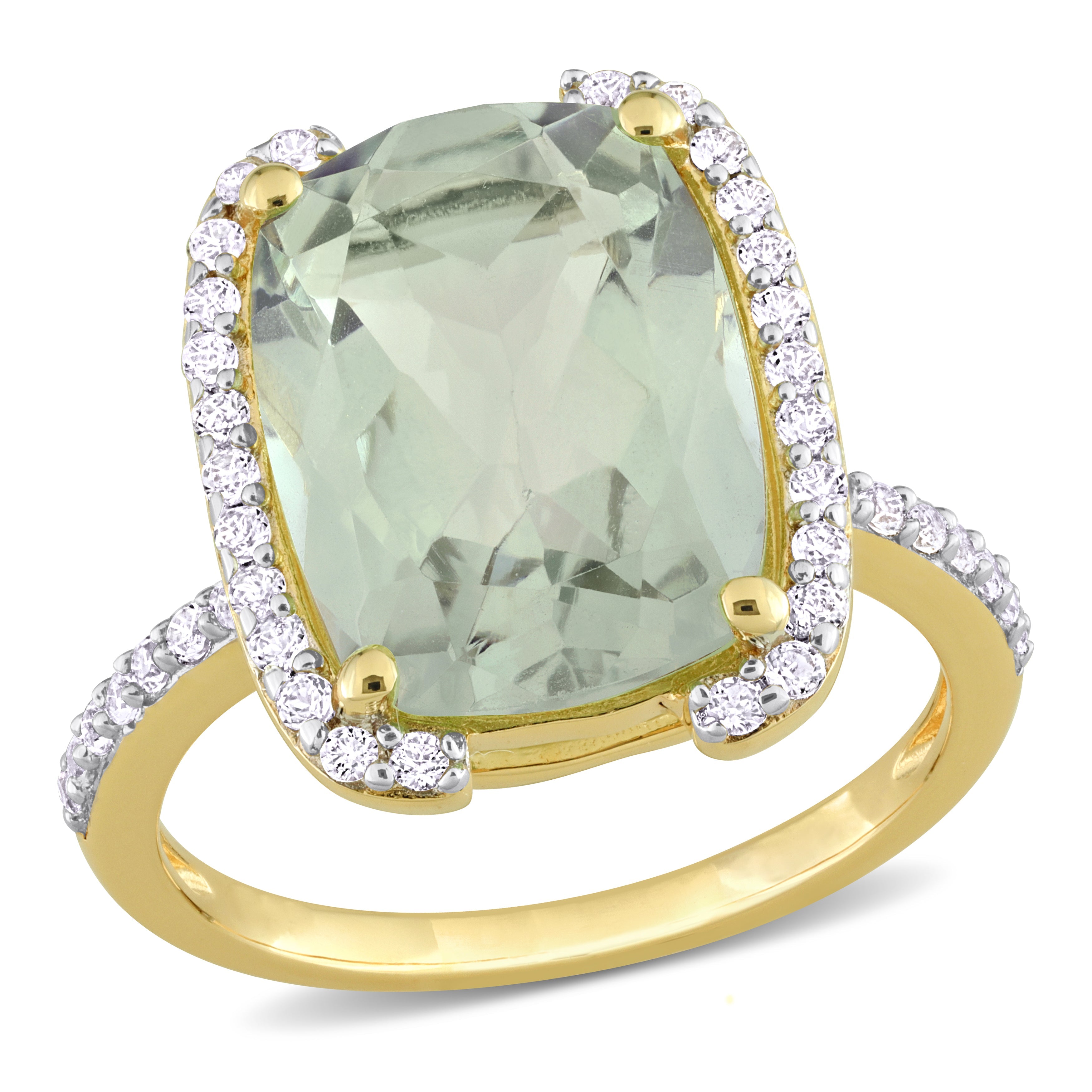 Green quartz semi-halo ring in yellow plated sterling silver, top view by Lord & Taylor
