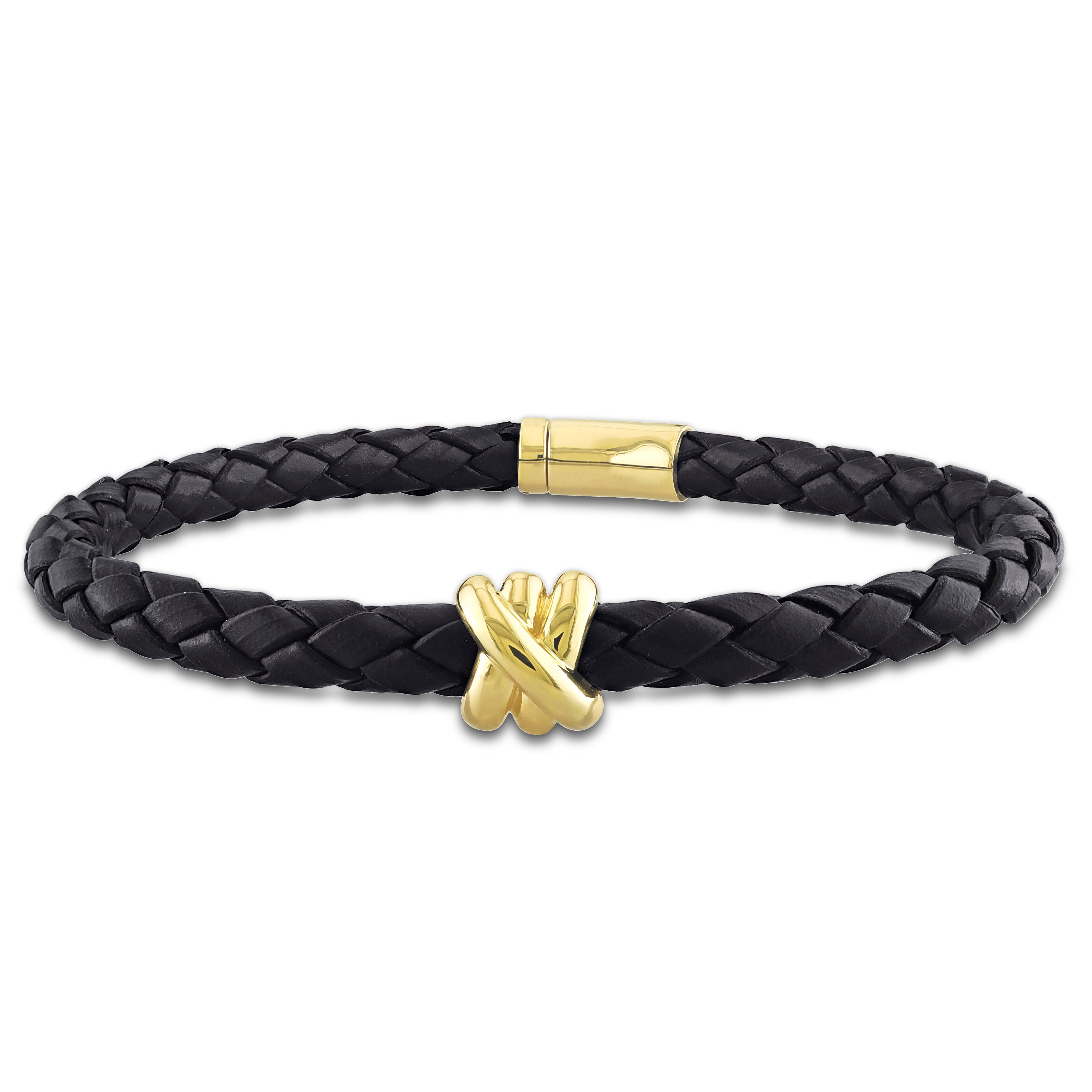 Crossover Motif Braided Black Leather Cord Men's Bracelet 14k Yellow Gold Jewelry Lord & Taylor