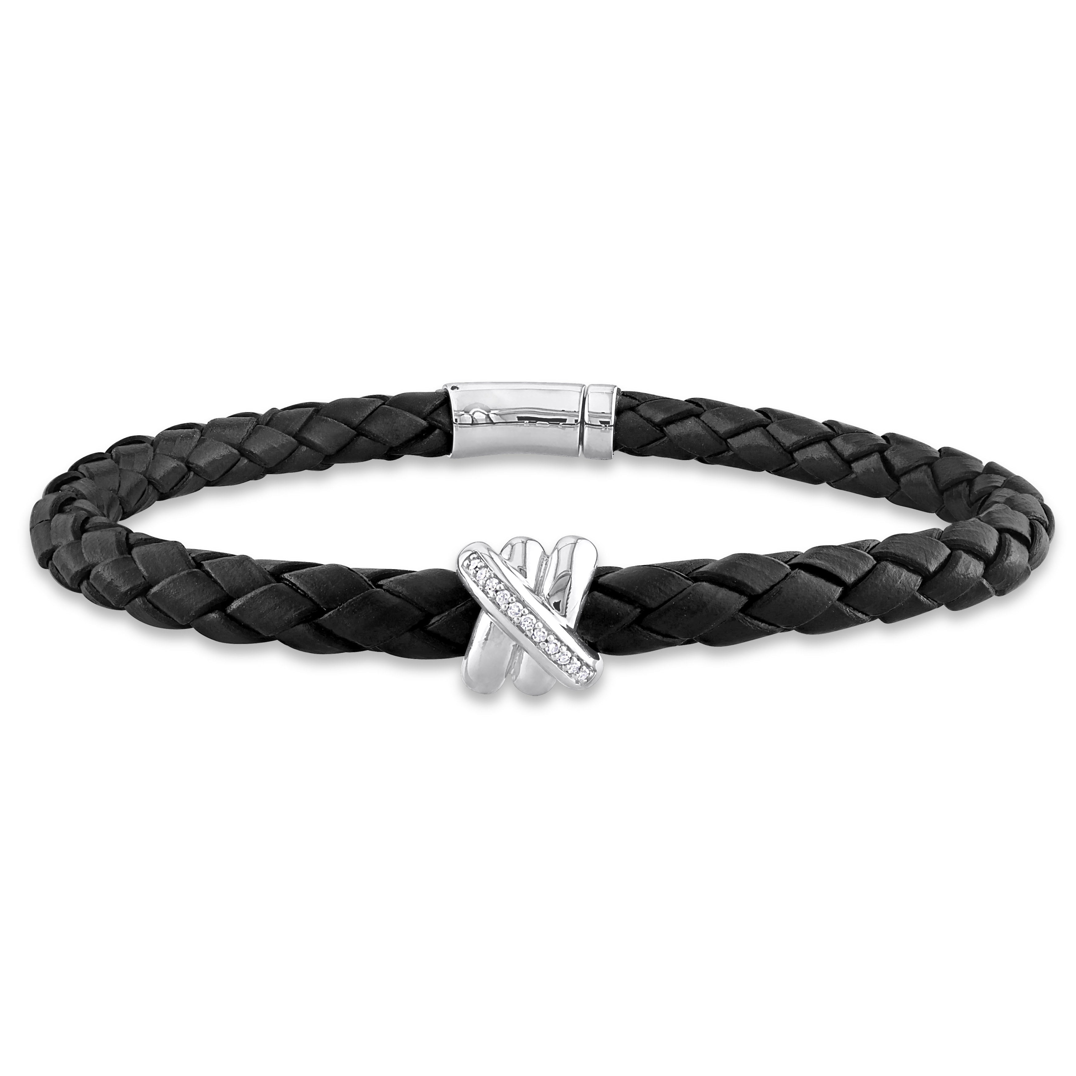 Diamond Accent Crossover Motif Braided Black Leather Men's Bracelet 14k White Gold Jewelry Lord & Taylor