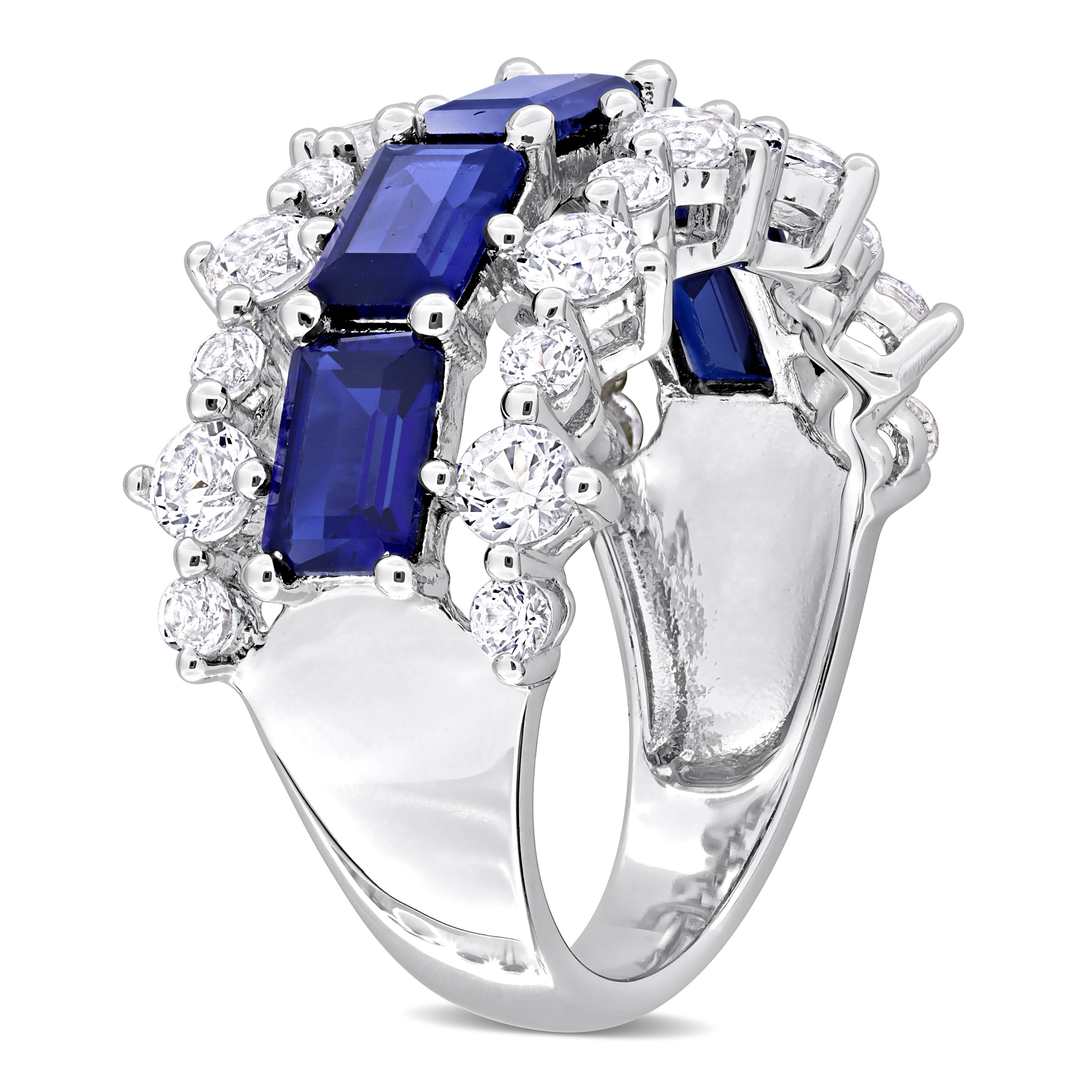 Blue sapphire three-row ring, side profile showing band thickness by Lord & Taylor