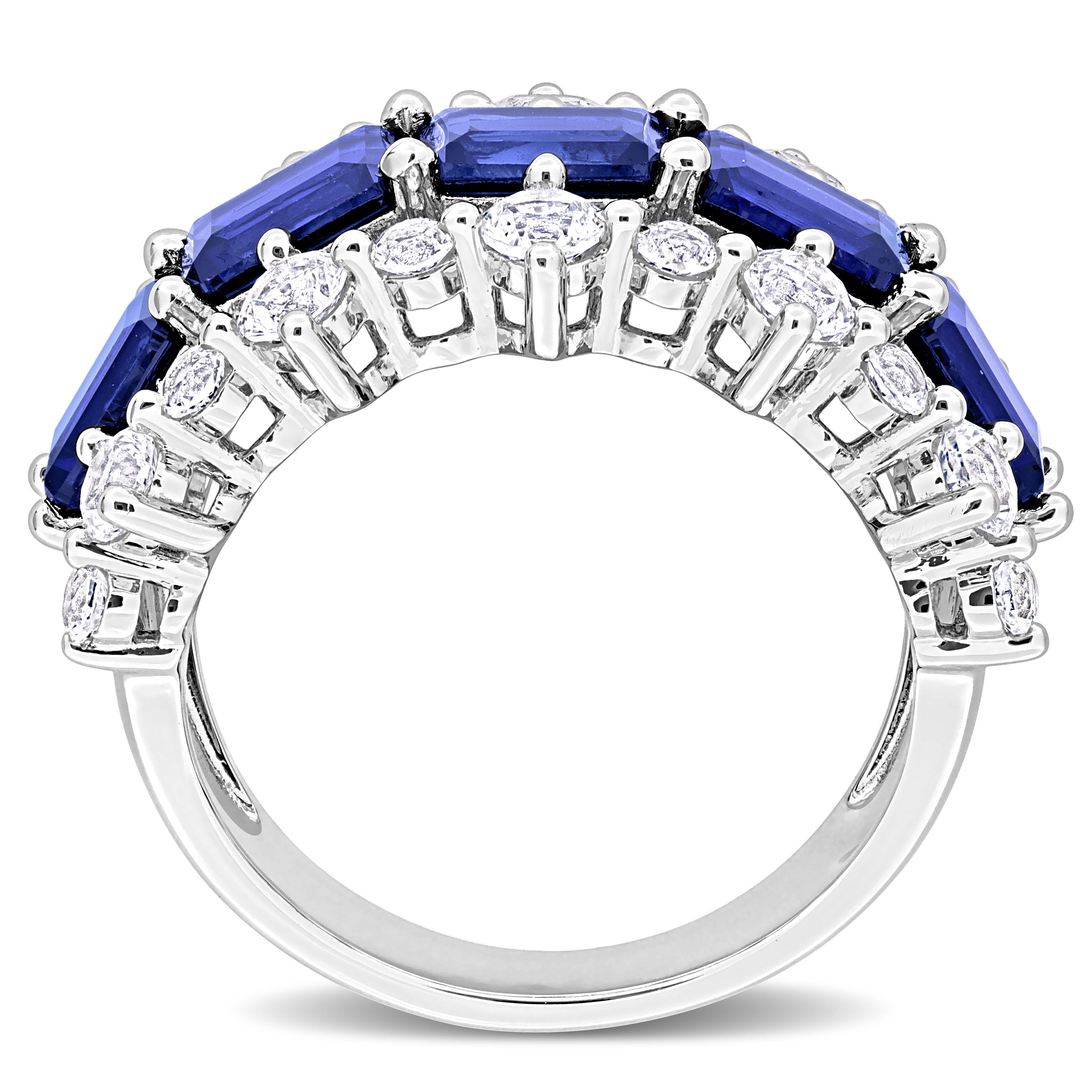 Sterling silver three-row ring with blue sapphires, angled view by Lord & Taylor