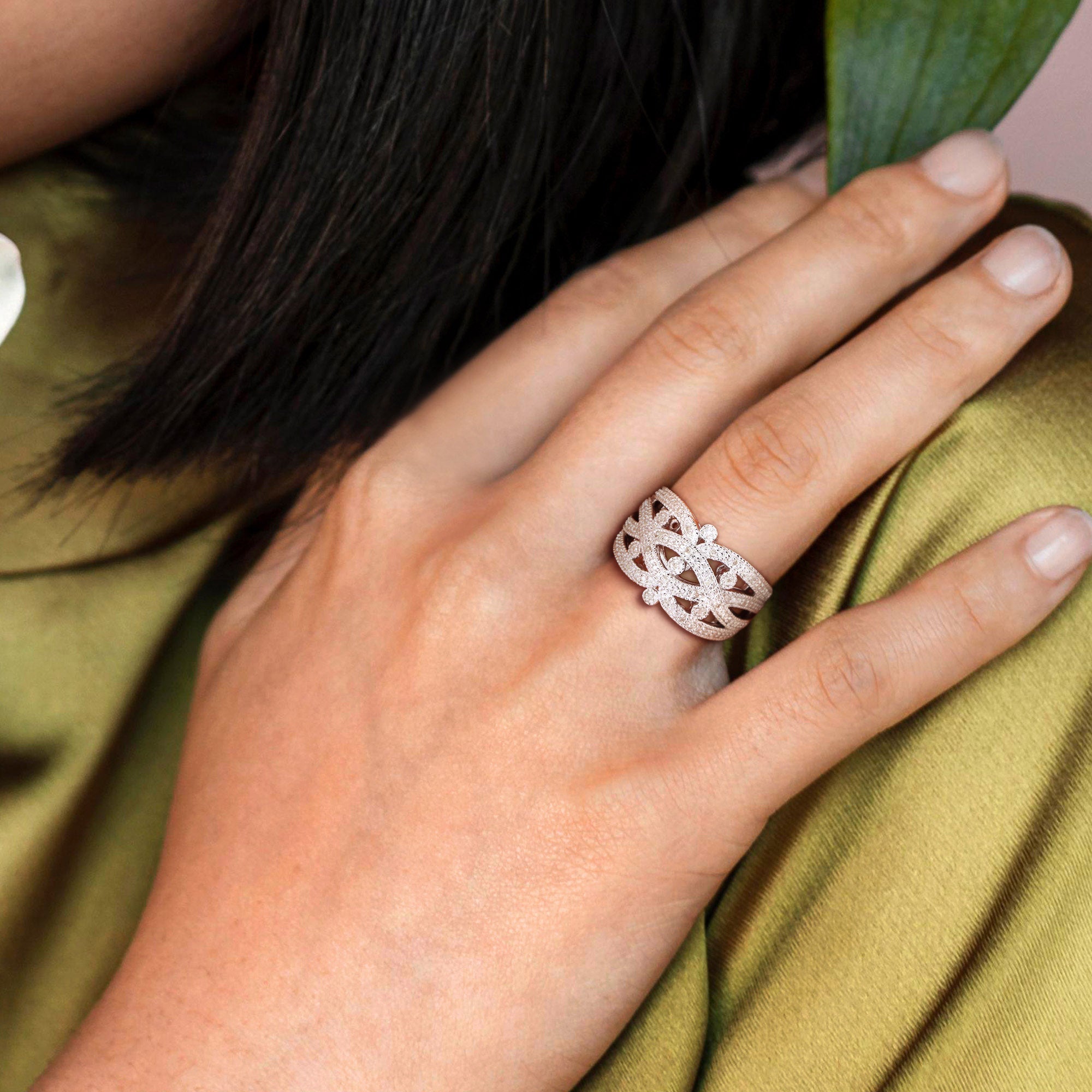 Sterling silver diamond ring by Lord & Taylor worn on hand, lifestyle view