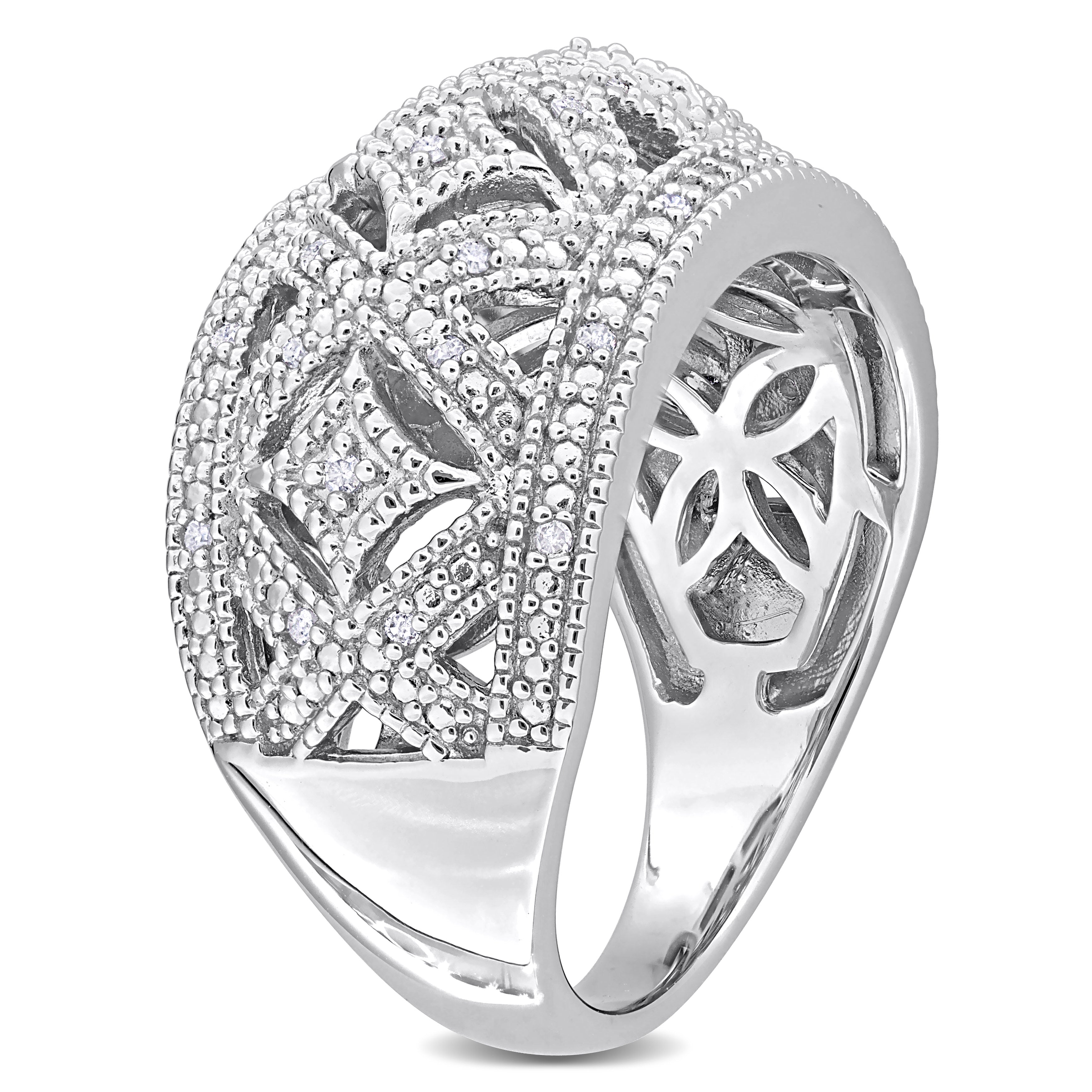 Sterling silver diamond ring with high polish finish, back view