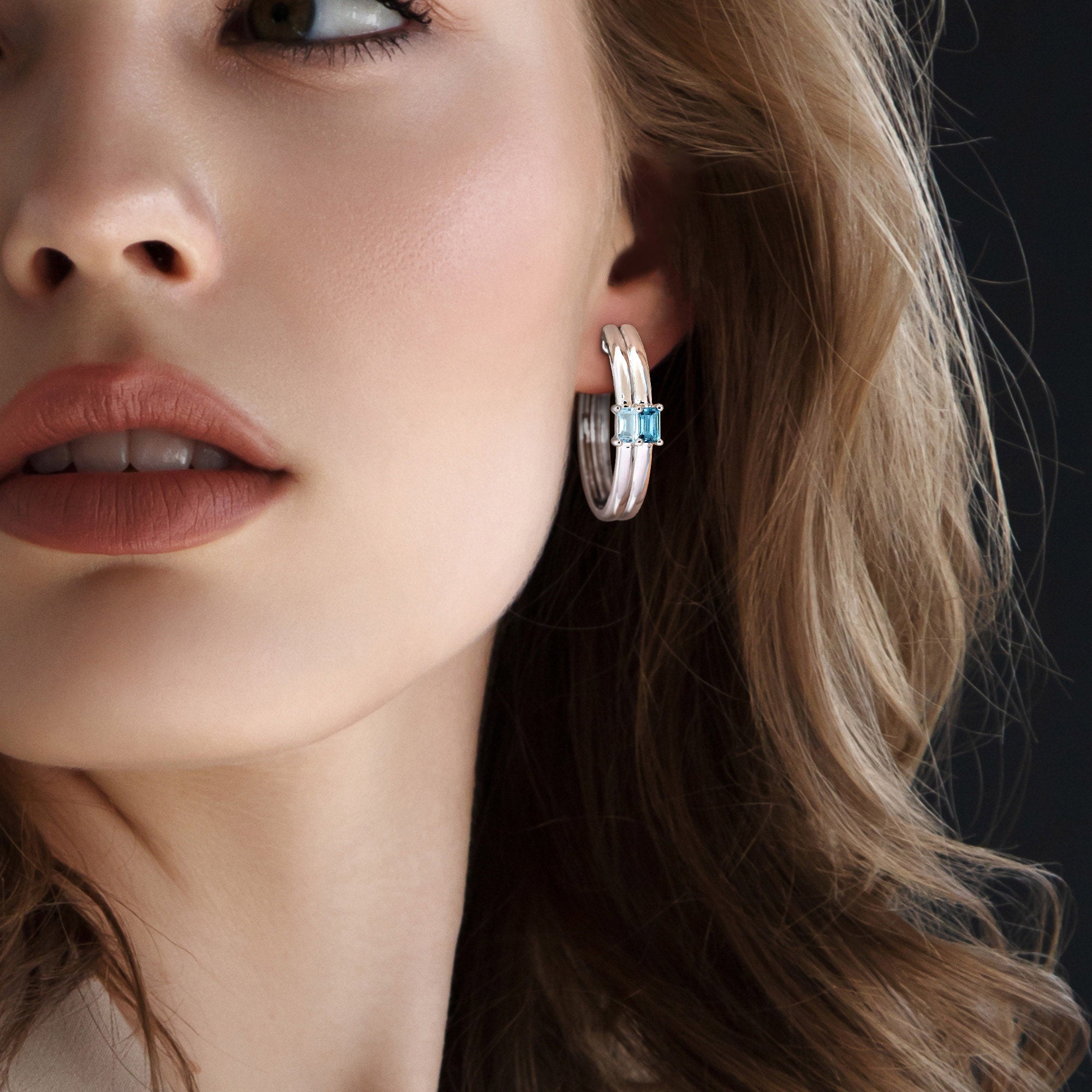Blue topaz hoop earrings worn, lifestyle view by Lord & Taylor