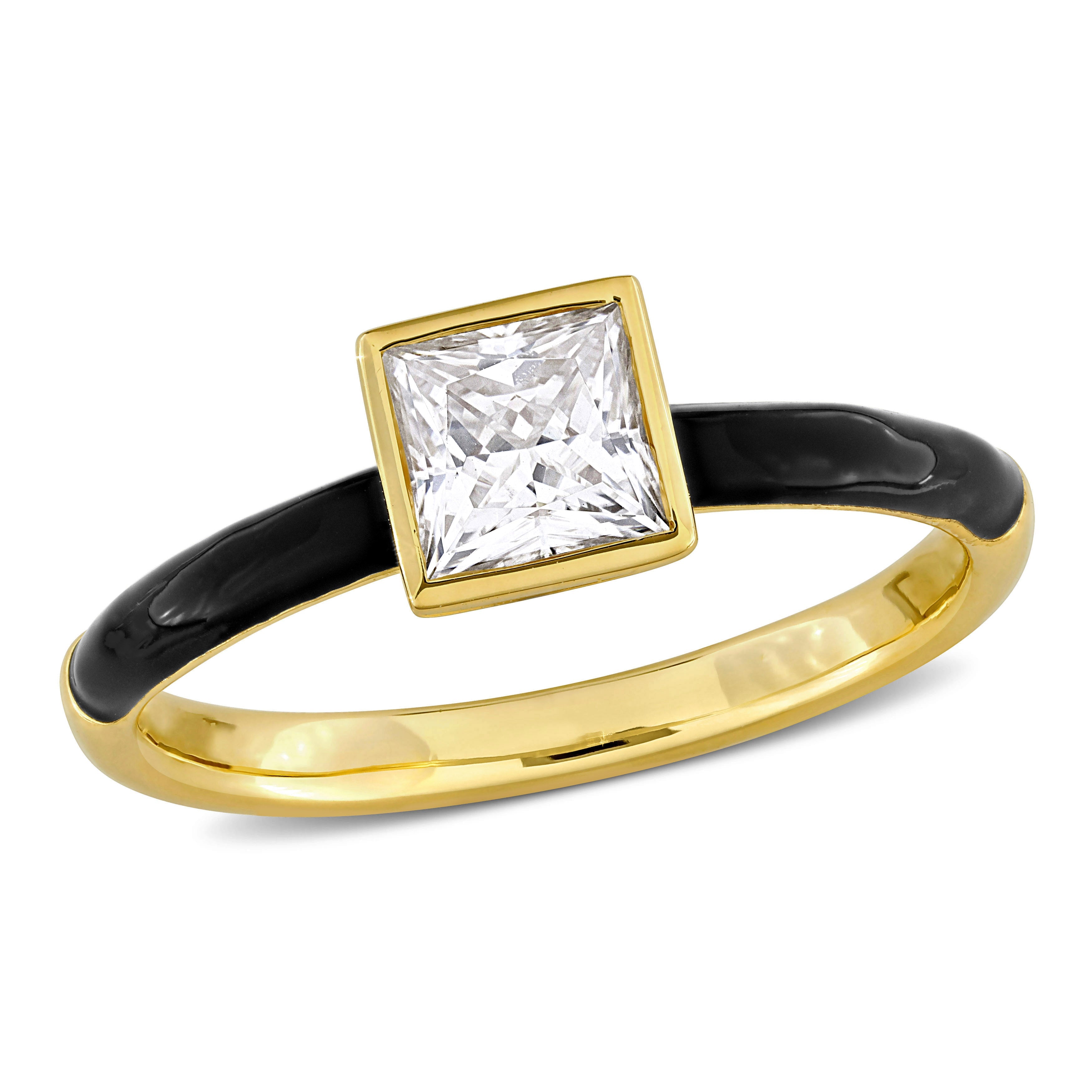 Yellow gold plated moissanite solitaire ring with black enamel band, front view by Lord & Taylor