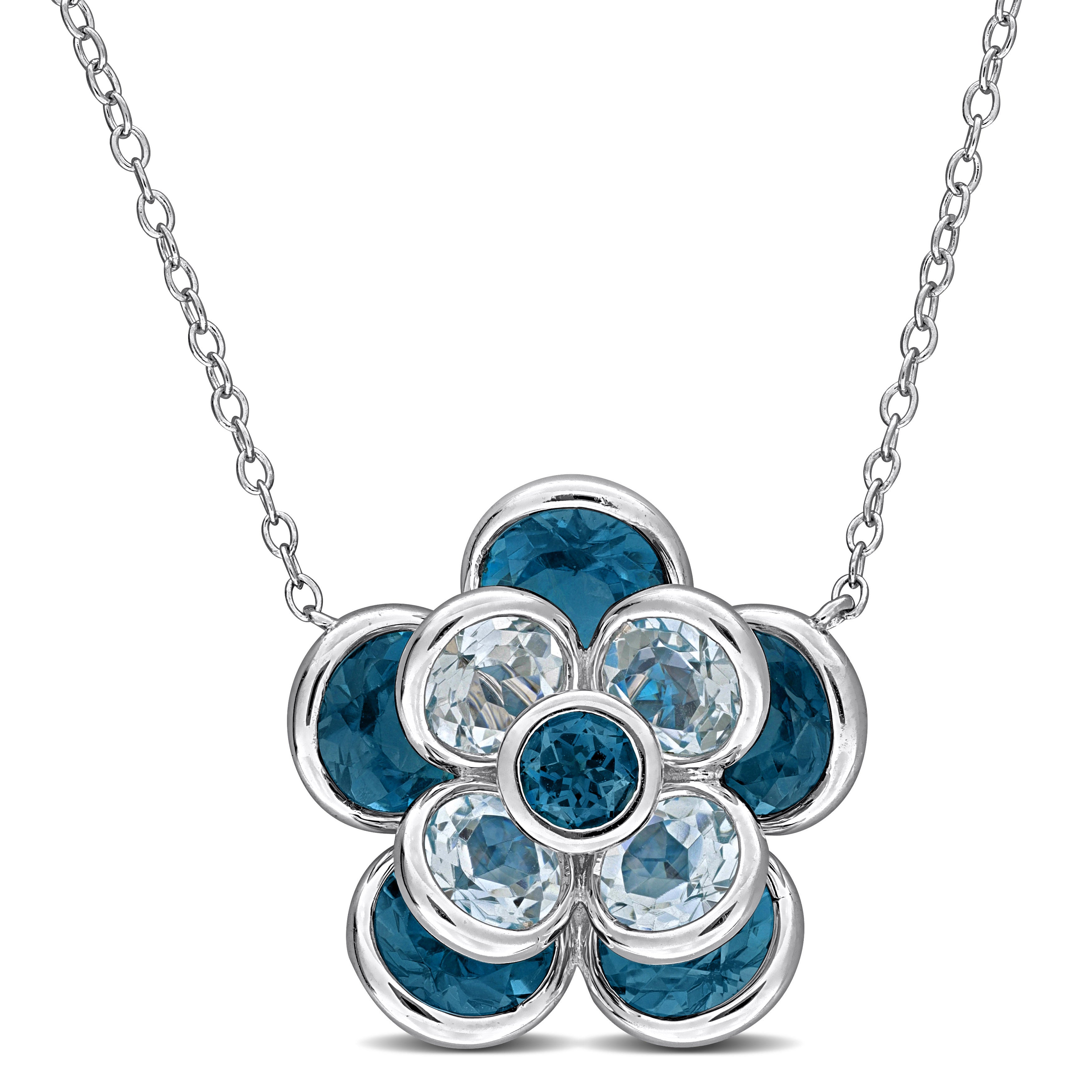 Blue topaz flower pendant necklace in sterling silver, front view by Lord & Taylor
